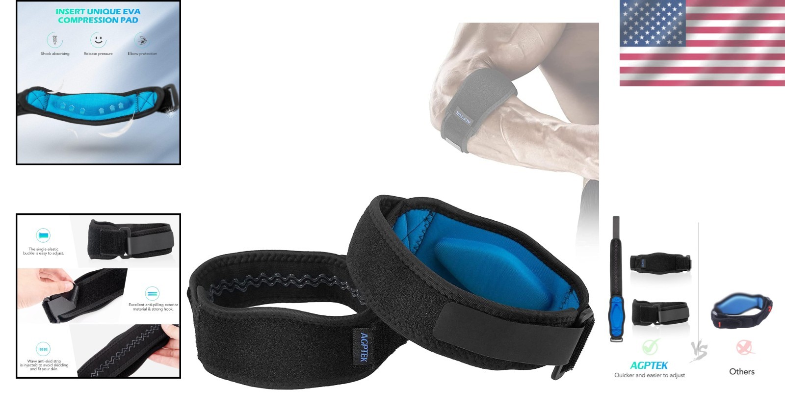 Adjustable Elbow Brace for Tennis & Golfers Elbow – 2 Pack for Pain Relief