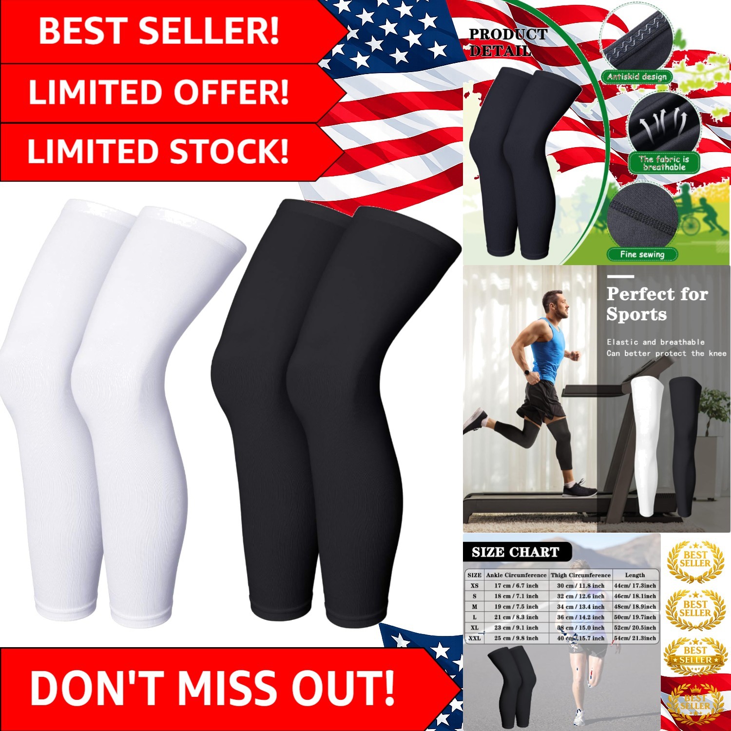Breathable Black & White Compression Leg Sleeves – Ideal for Sports, Large Size