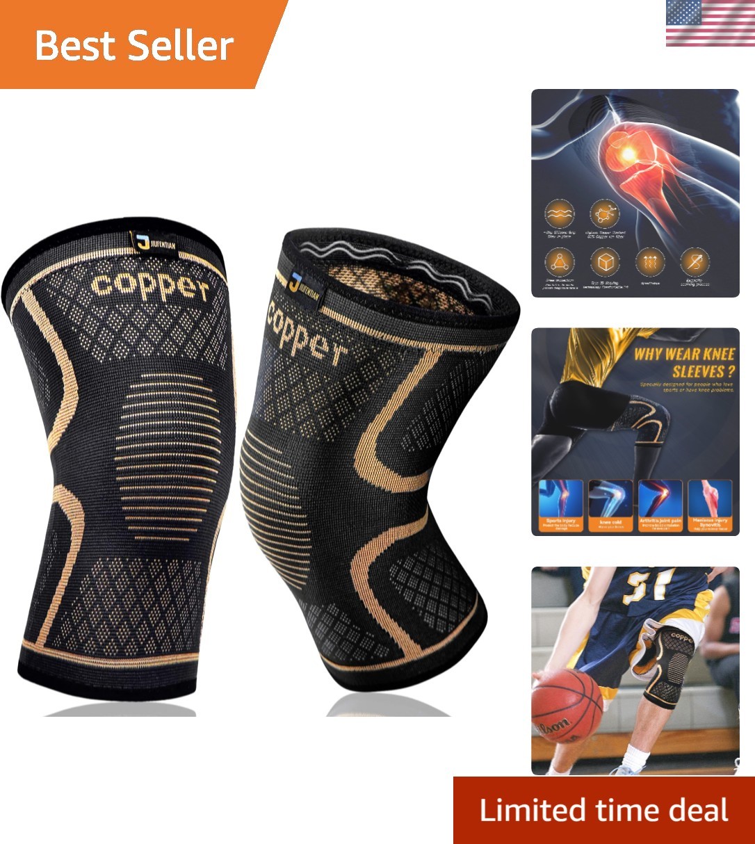 Large Copper Knee Sleeves for Arthritis & Sports – 2 Pack Pain Relief Solution