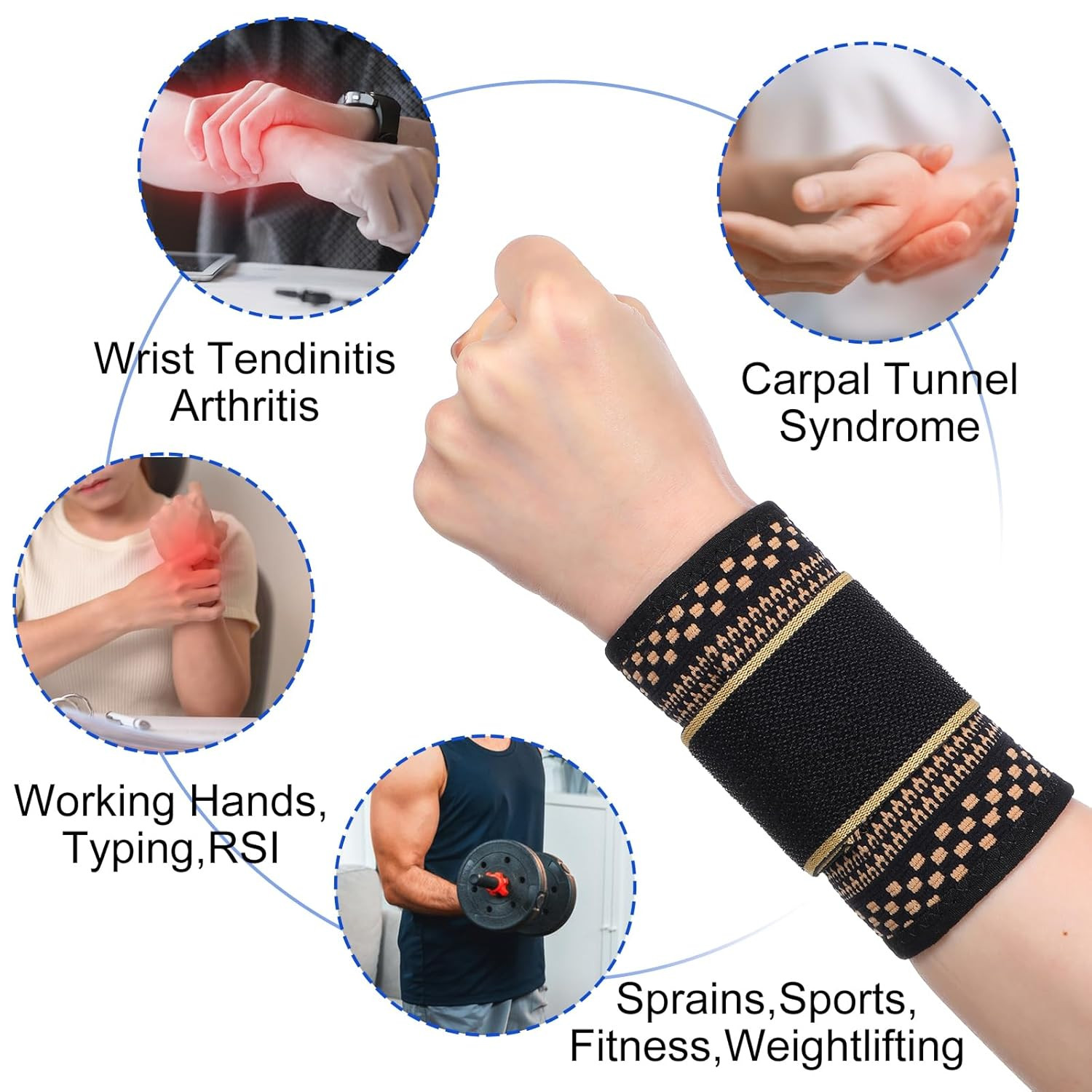 1 Pair Copper Wrist Compression Brace, Elastic Support Sleeve for Sports, Gym, W