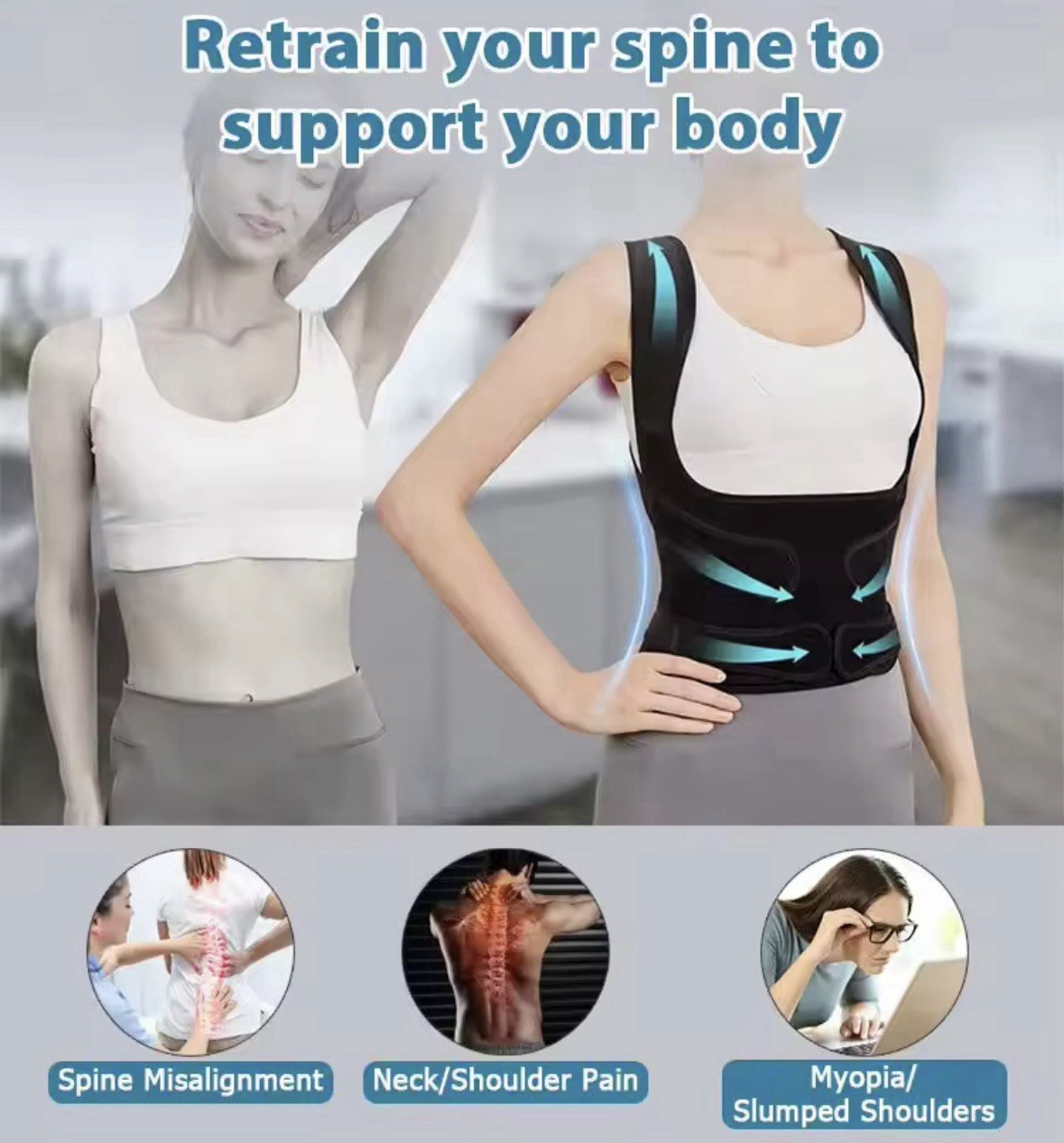 Adjustable Double Strap Posture Corrector Brace Back Support Black S/M/L
