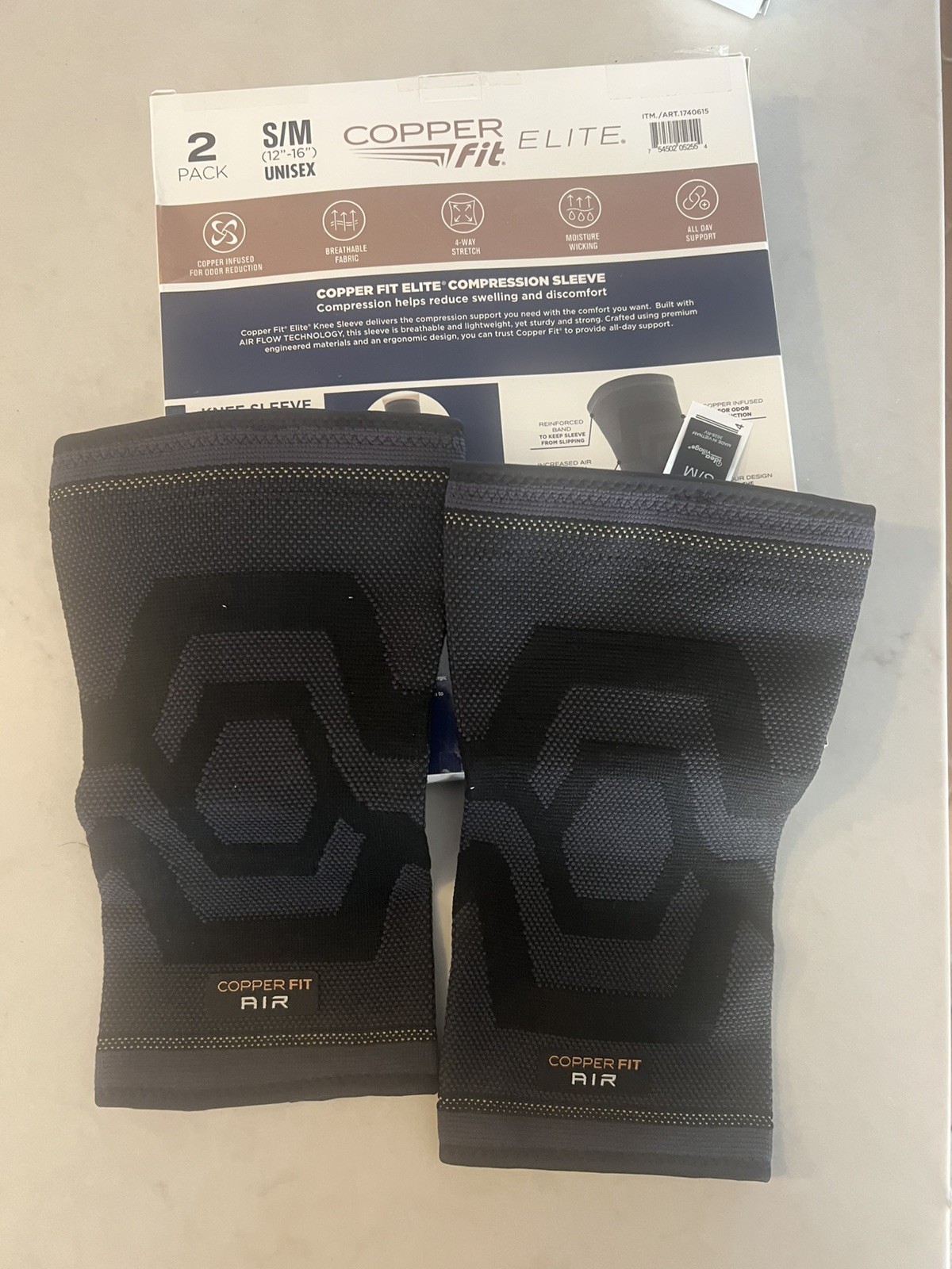 Copper Fit Elite Compression Knee Sleeve 2 Pack S/M Black Airflow Support Brace