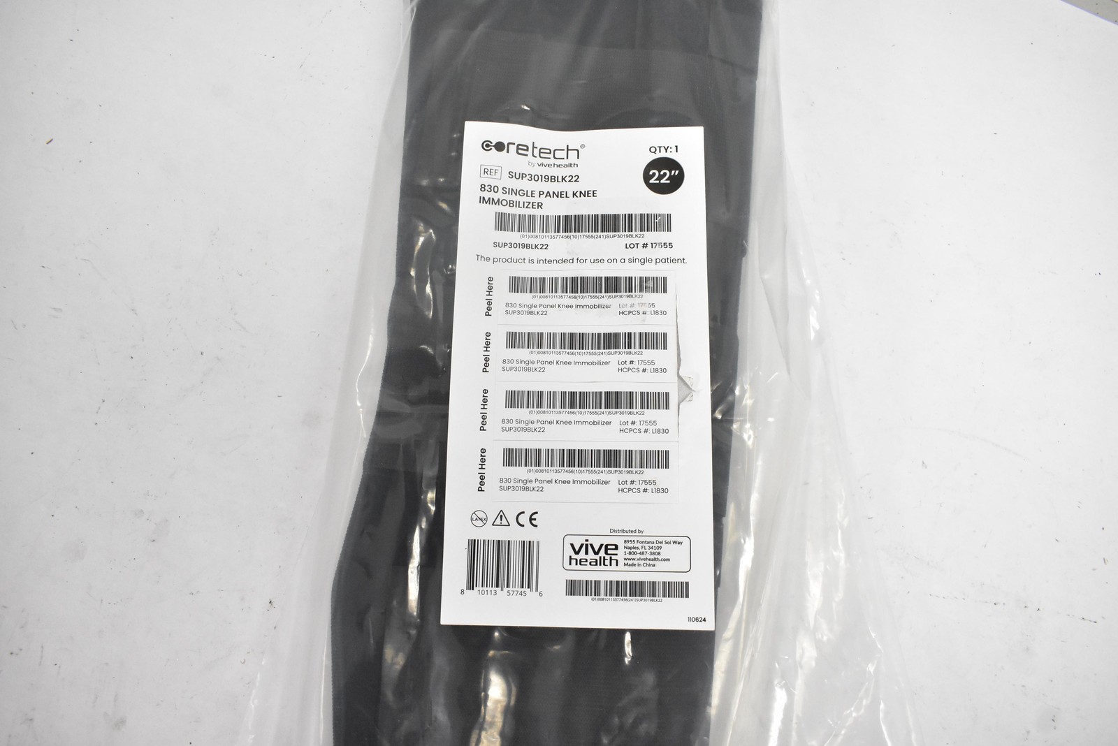 Coretech 830 Single Panel Knee Immobilizer Brace 22″ One Size Black Adjustable