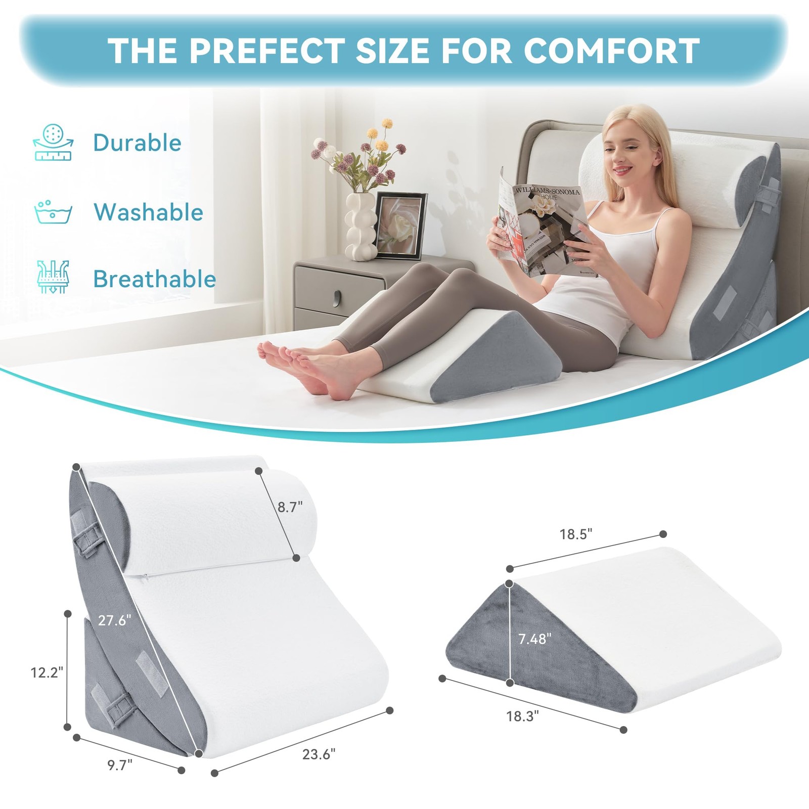 Kingfun 4PCS Orthopedic Bed Wedge Pillow Set for Sleeping, 4 Piece Set, White