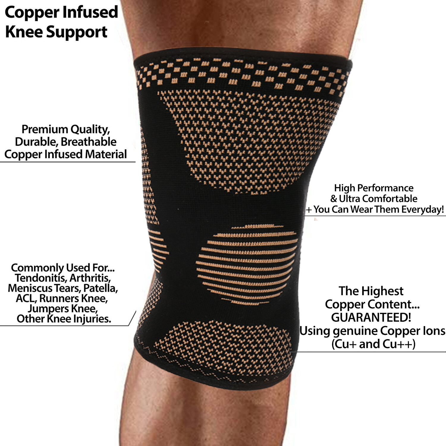 Copper Knee Sleeve Compression Brace Support Stabilizer for Sport Gym Joint Pain