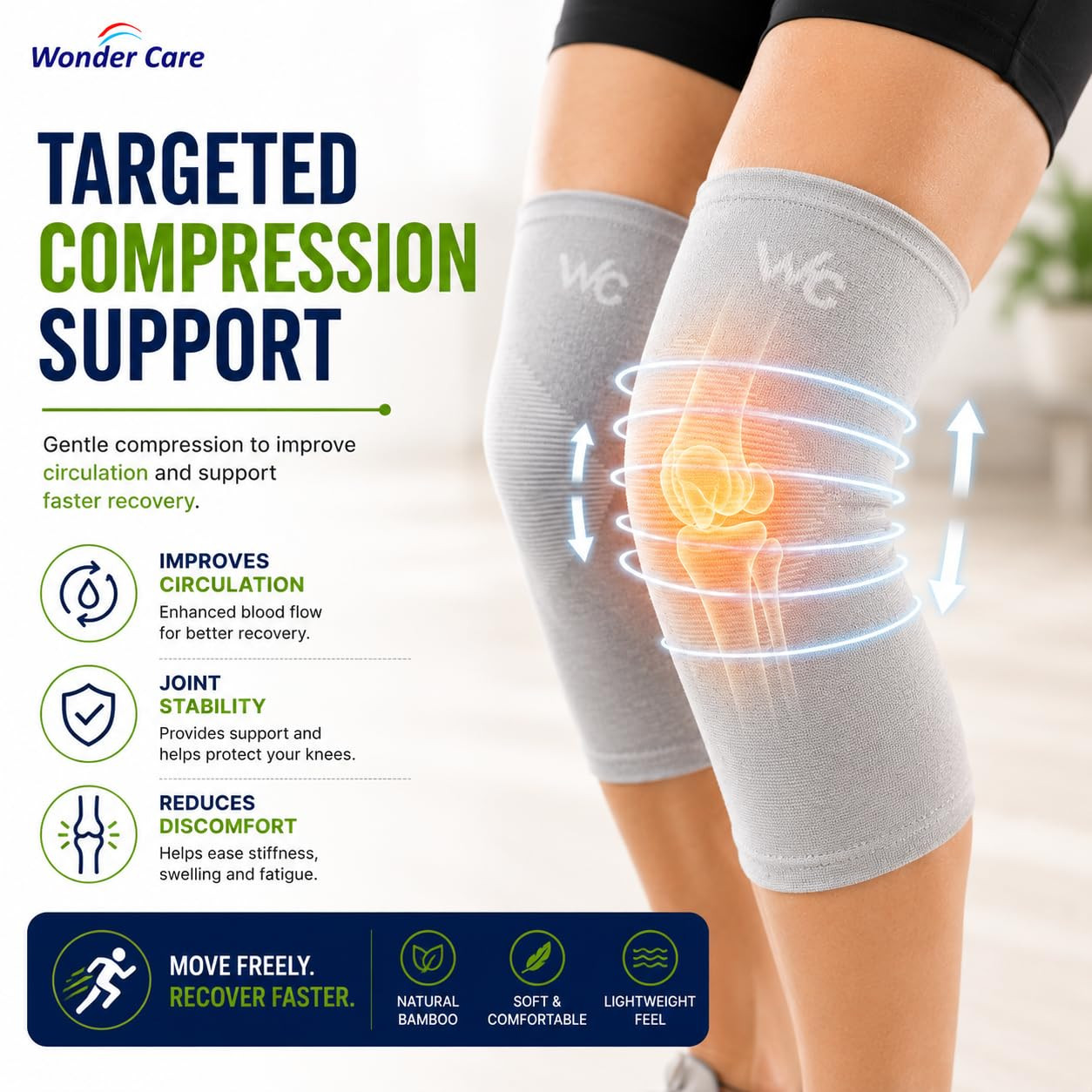 2-Pack Bamboo Knee Compression Sleeve for Men and Women, Compression Knee Sleeve