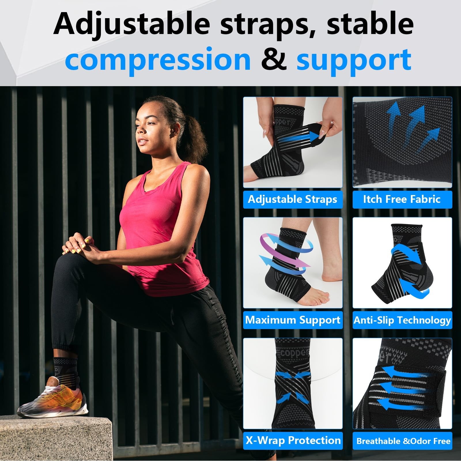 DRNAIETY 1 Pair Copper Ankle Brace for Men & Women – Adjustable Large, Black