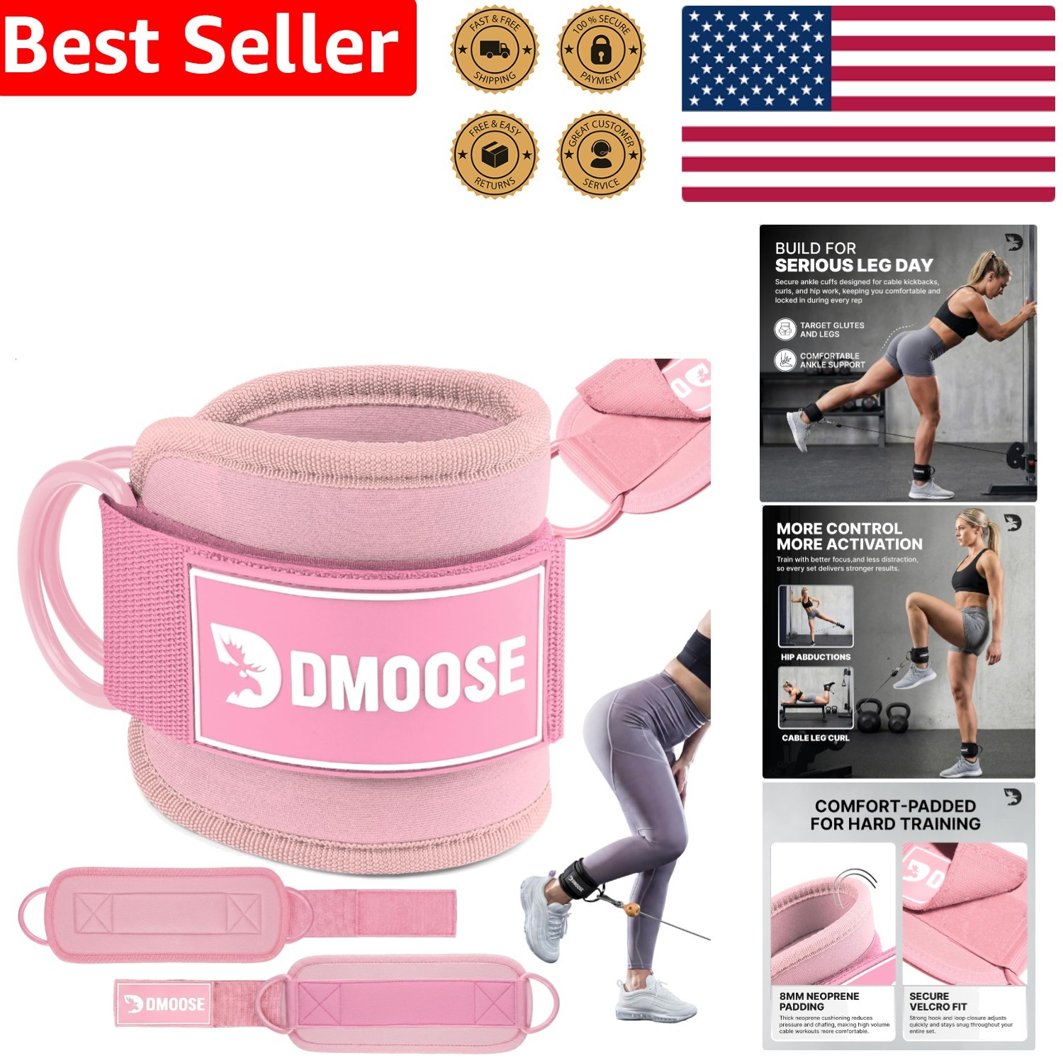 Cable Machine Ankle Strap Pink Neoprene Padded Kickback Glute Workout