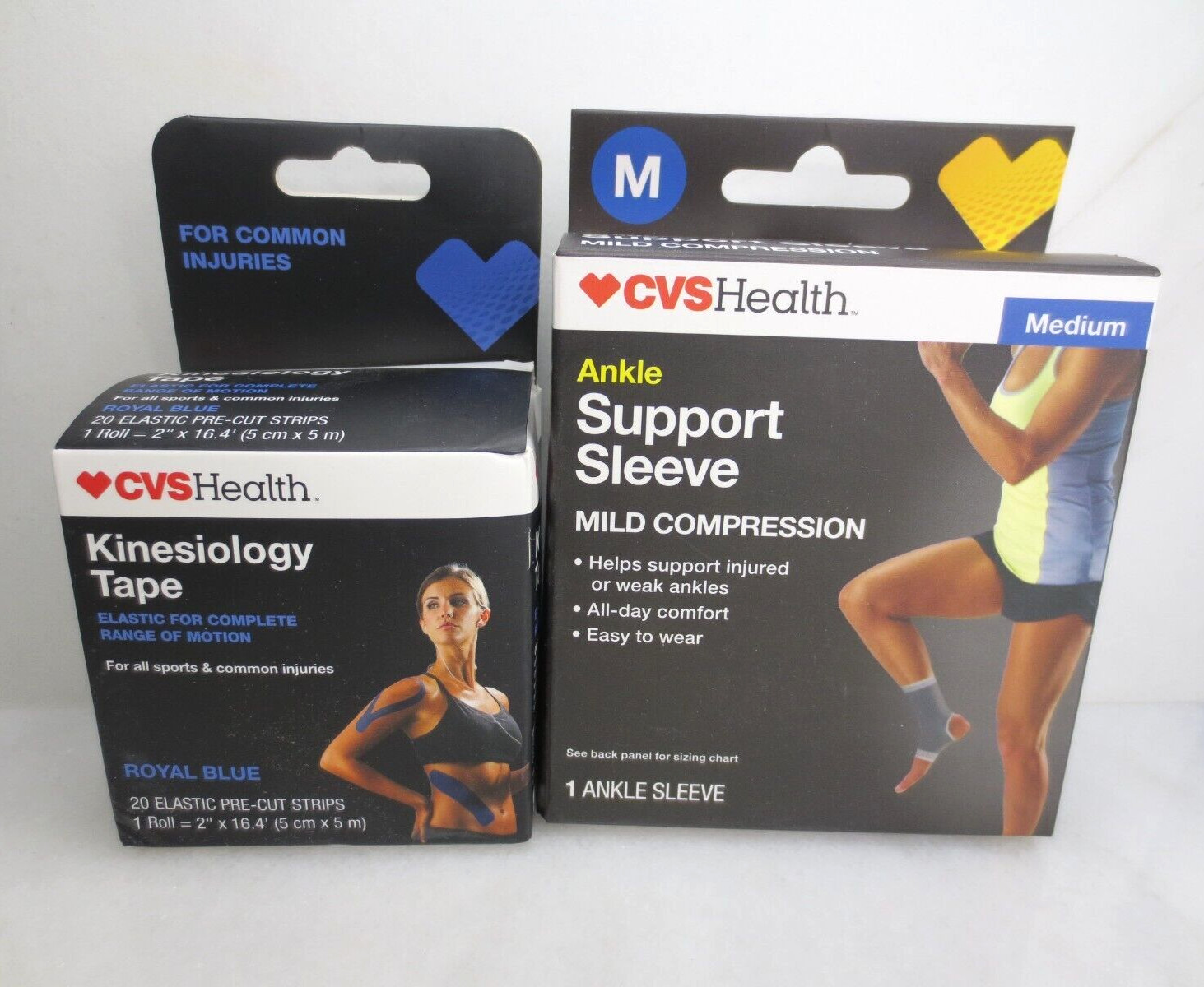 CVS HEALTH KINESIOLOGY TAPE & ANKEL SUPPORT SLEEVE SIZE M MEDIUM BOXED 2PCS SET