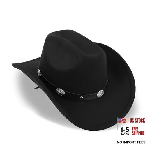 Classic-Western-Cowboy-Hat Upturn-Brim Felt-Cowgirl-Hat Rodeo Medium Black 2