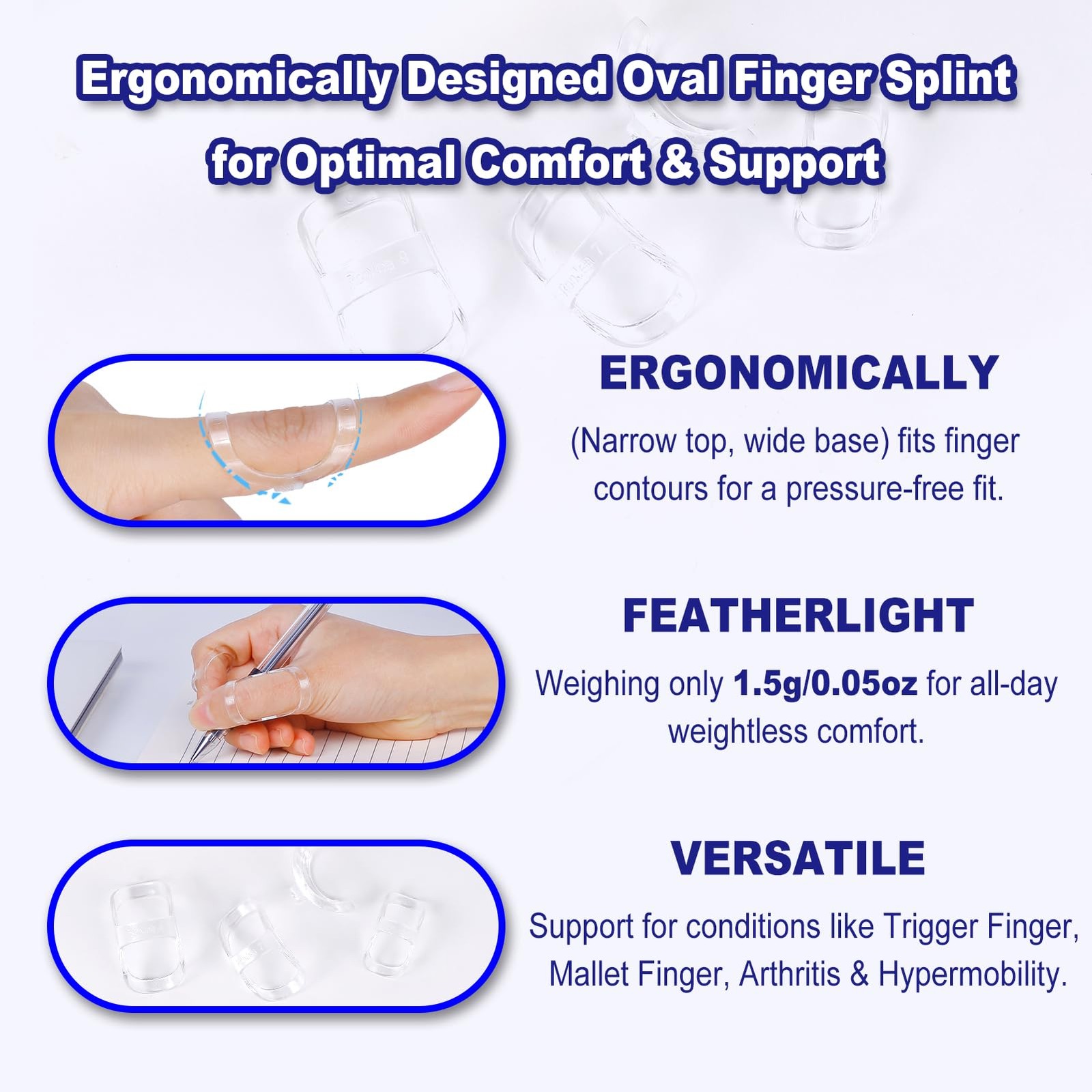 10Pcs Clear Oval Finger Splints & Sleeves Kit, 6 Size 4,5,6,7,8,9,