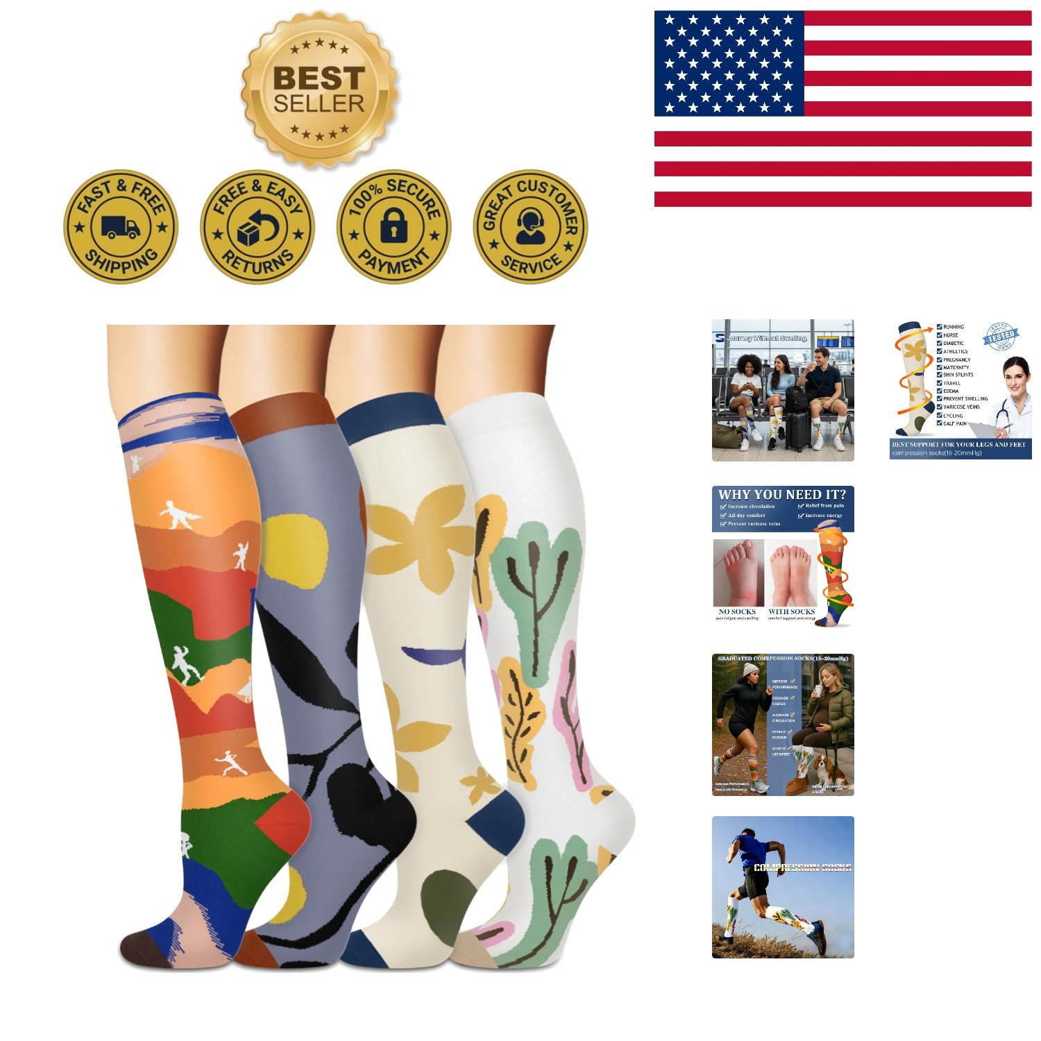 Assorted Compression Socks – Knee-High Support for Running, Cycling & Hiking