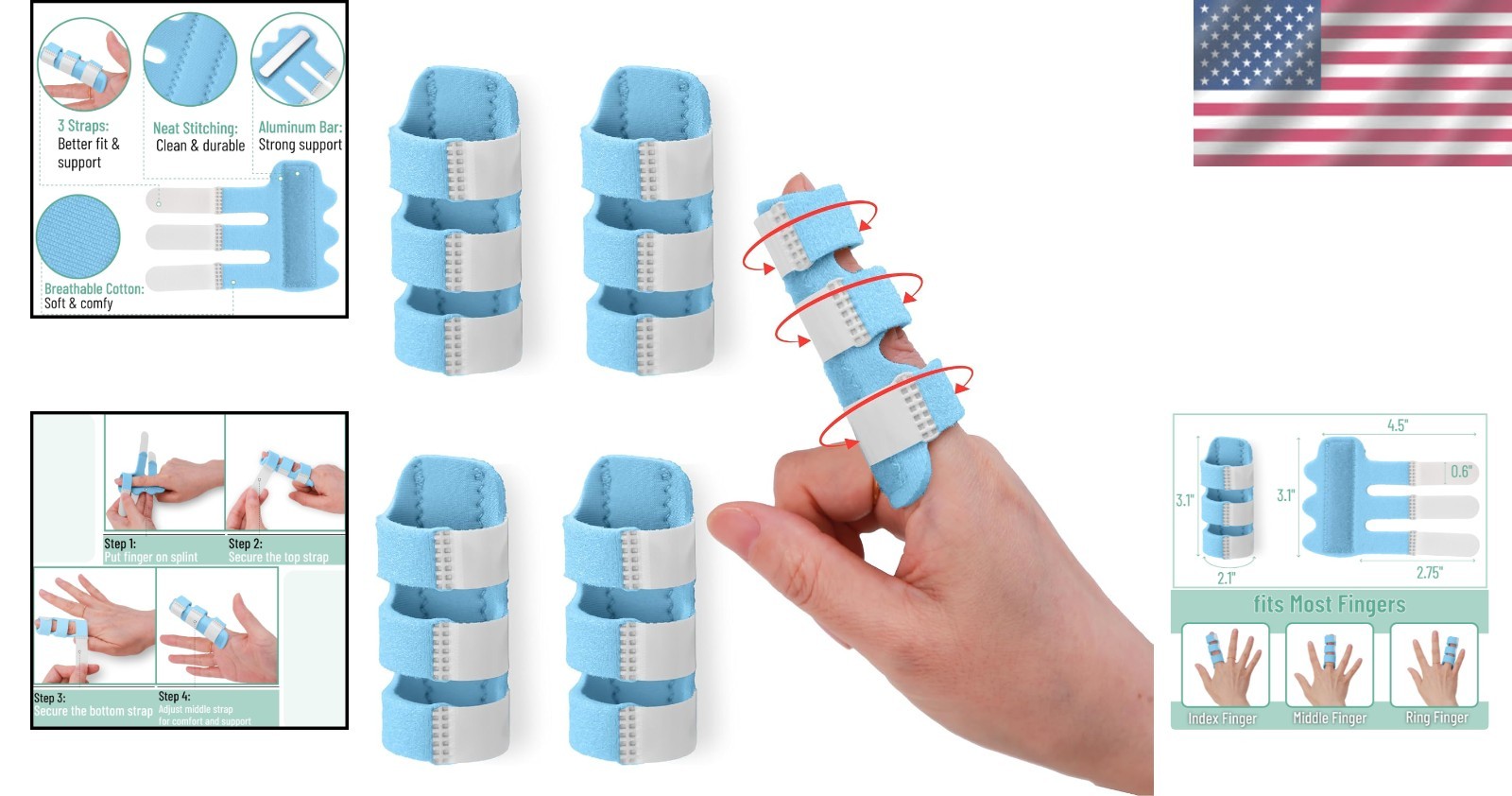 Light Blue Finger Support Brace – 4 Pack for Arthritis & Sprain Relief