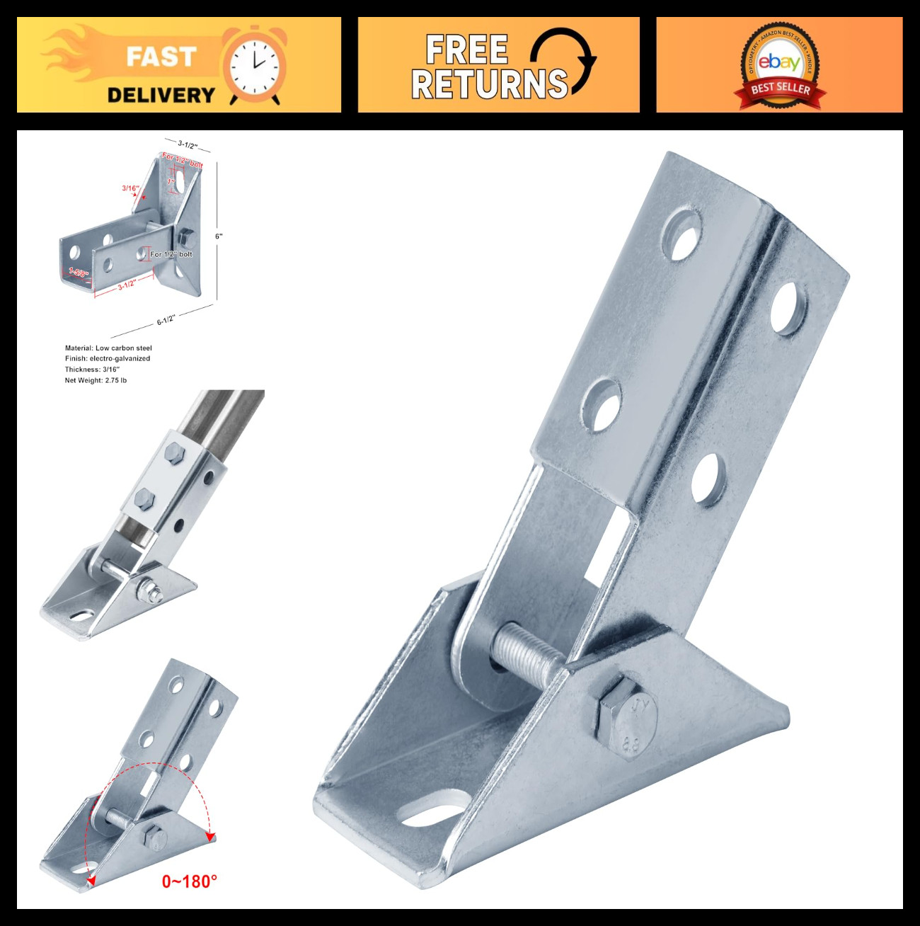 2 Pcs Adjustable Strut Channel Brace Fitting, Hinged Base Bracket, 1-5/8″ Size
