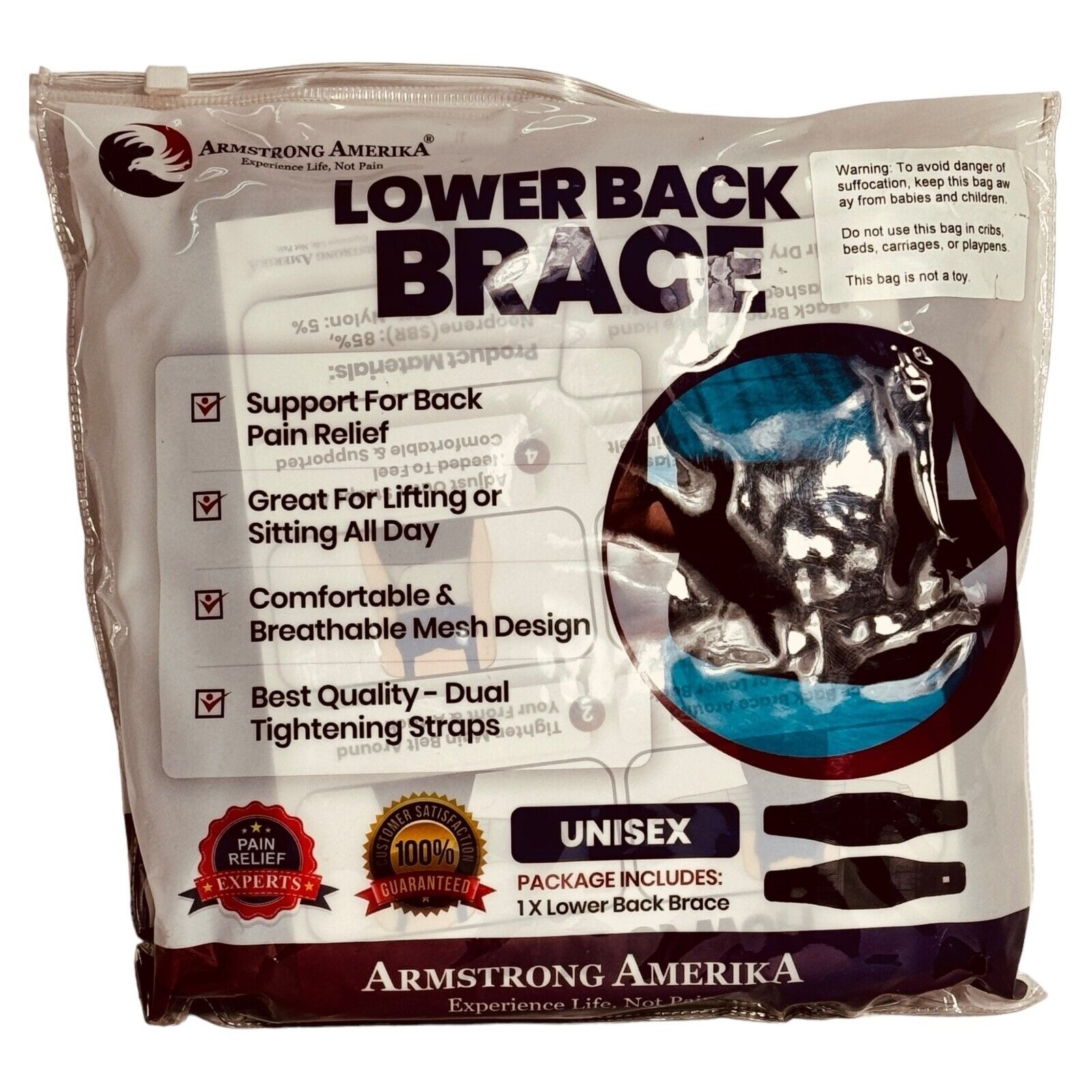 Armstrong Amerika Lower Back Brace Unisex Large Support Pain Relief Adjustable