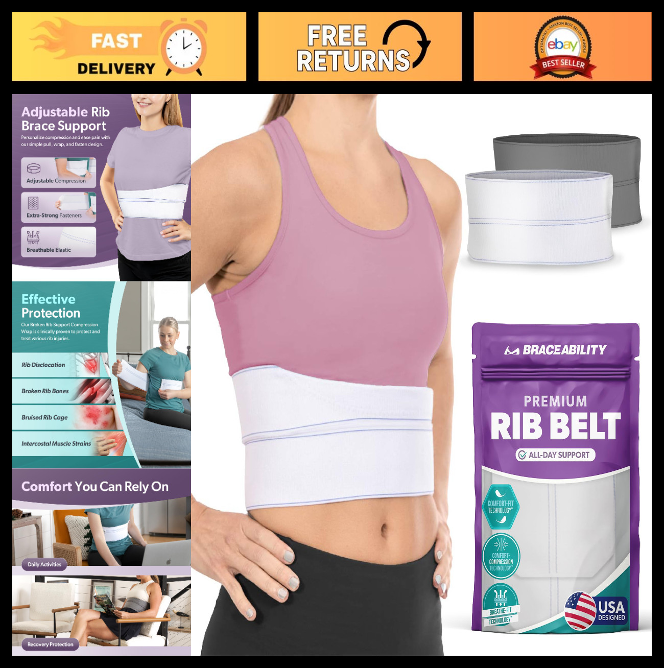 Rib Compression Wrap for Men & Women – Chest Support Belt for Fractured Ribs, Co