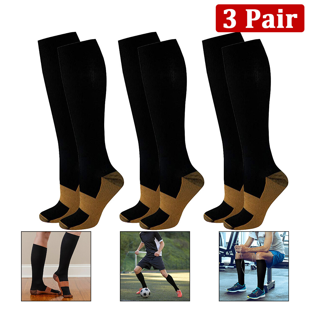 3 Pairs Copper Compression Socks 20-30mmHg Graduated Support Mens Womens S/M-XXL