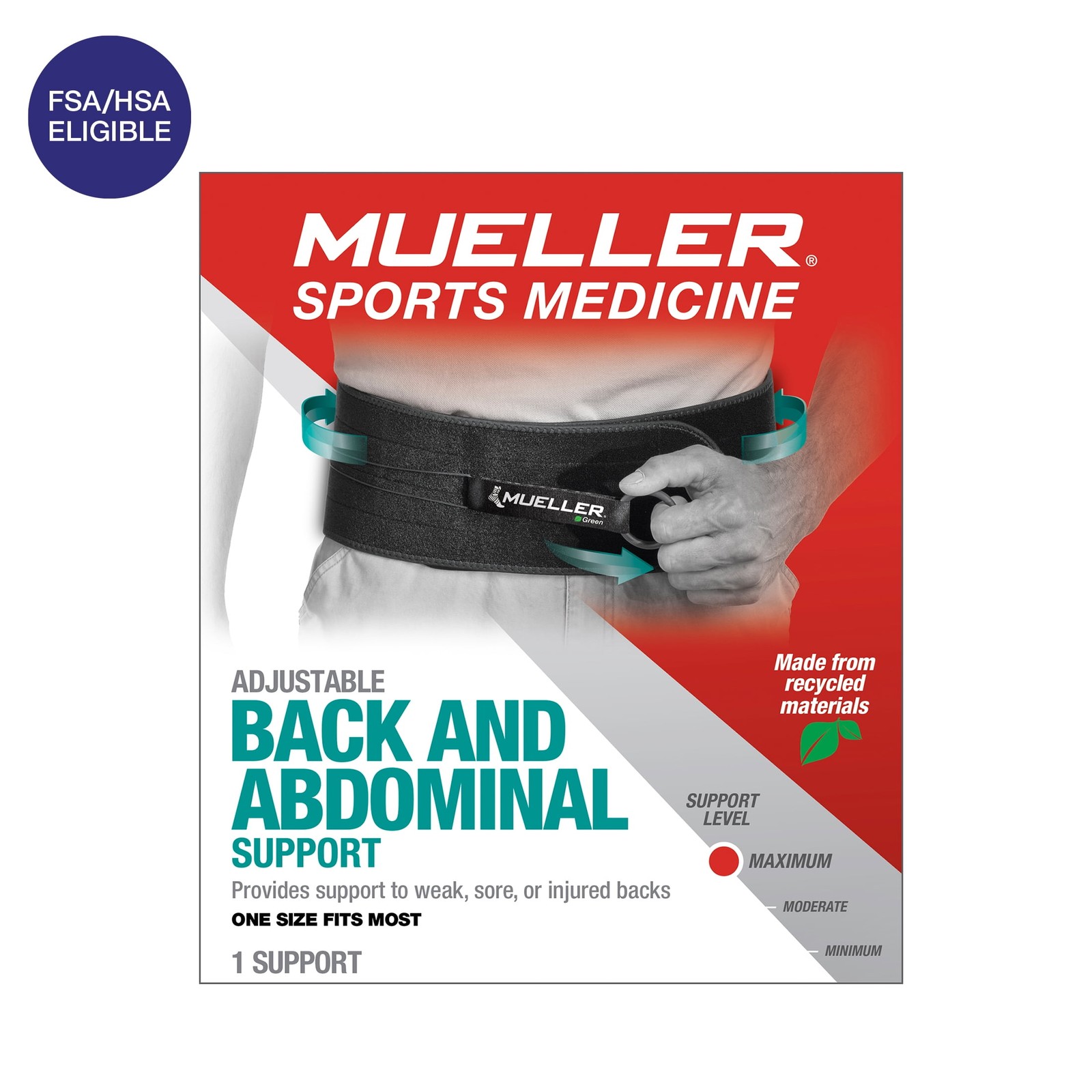 Mueller Green Adjustable Back and Abdominal Support, Black, One Size Fits Most