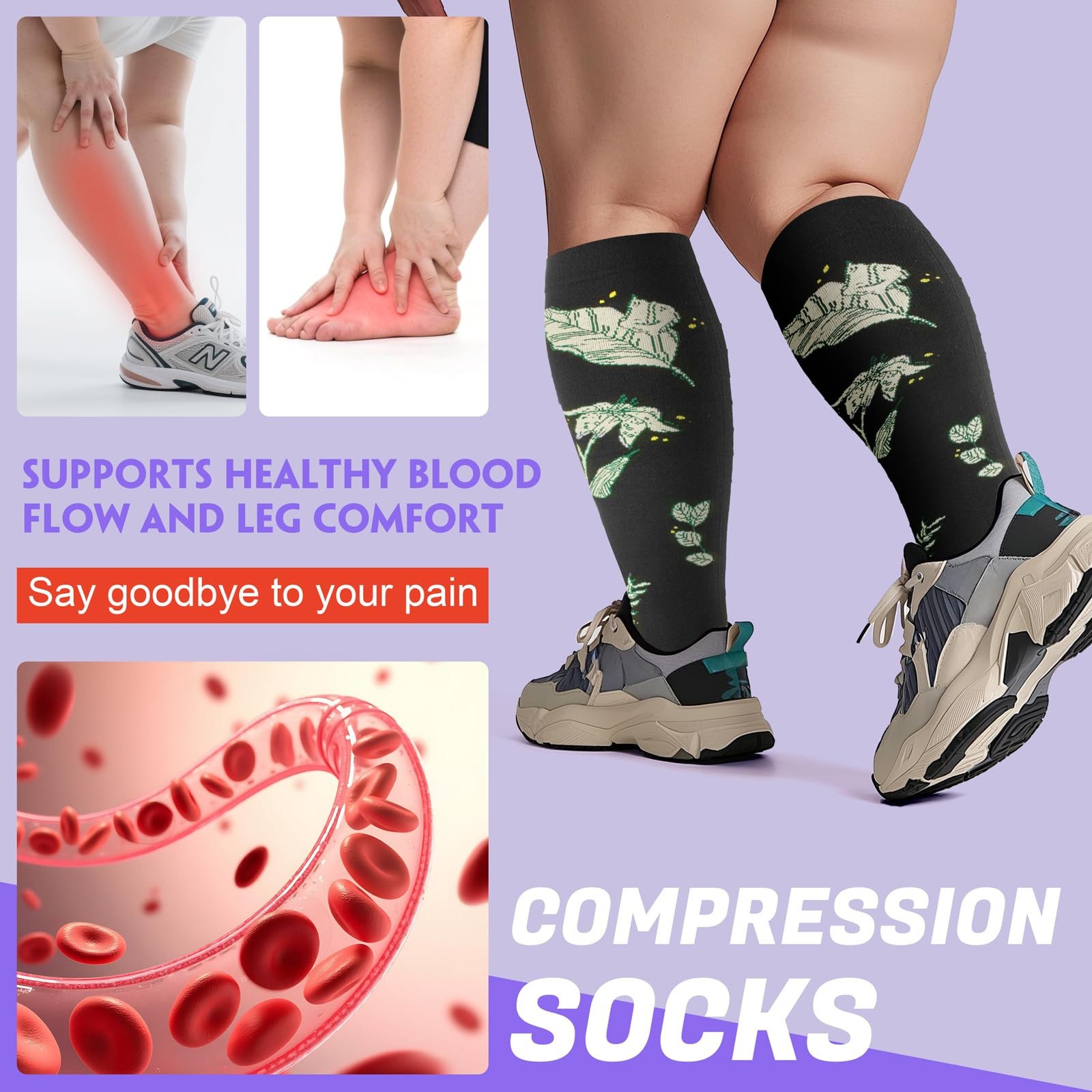 4 Pairs Plus Size Compression Socks Extra Wide Calf 20-30 mmHg Knee High
