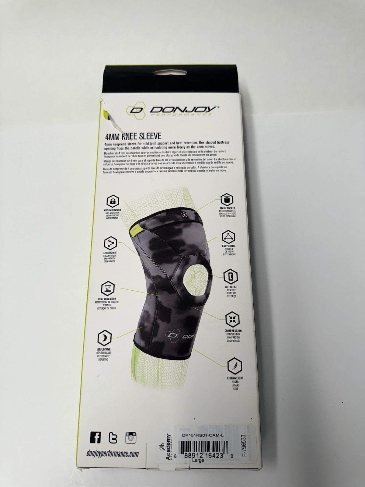 DonJoy Performance 4MM Knee Pad Support Leg Compression Sleeve, Large – NEW
