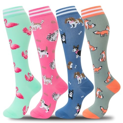 Compression Socks Women Men 4 Pairs, Knee High Small-Medium 00-4pairs-animal 1