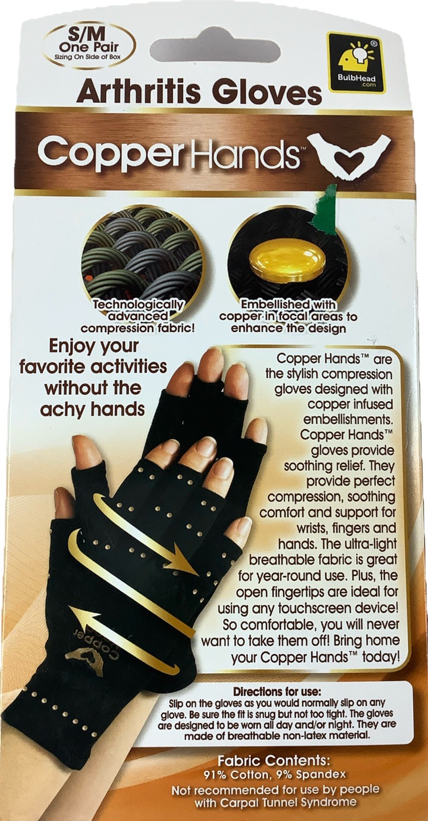 Copper Hands Arthritis Compression Gloves S/M Fingerless Unisex New 1 Pair