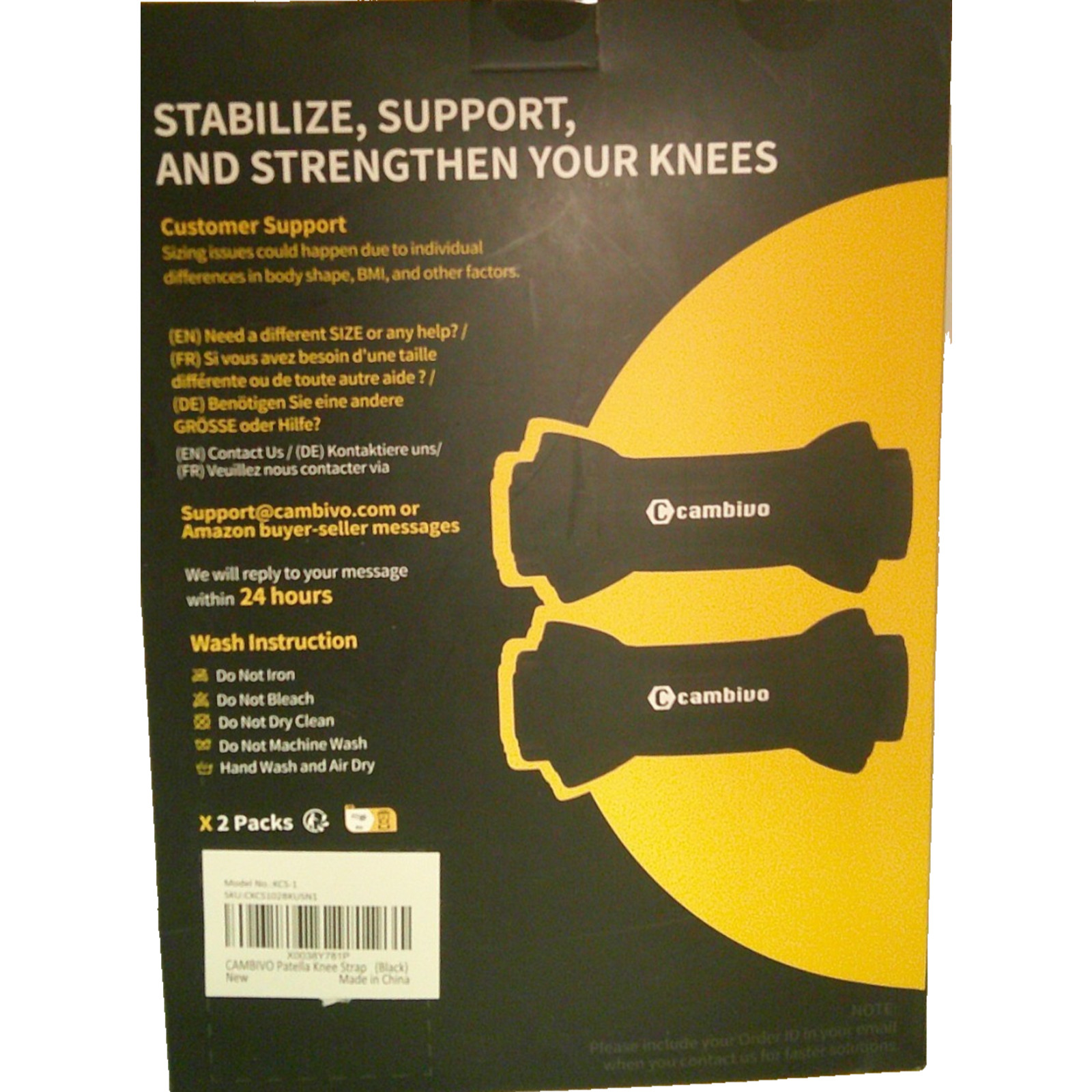 CAMBIVO ‎KCS-1 Patella Knee Support Strap Black 2-Pack NEW