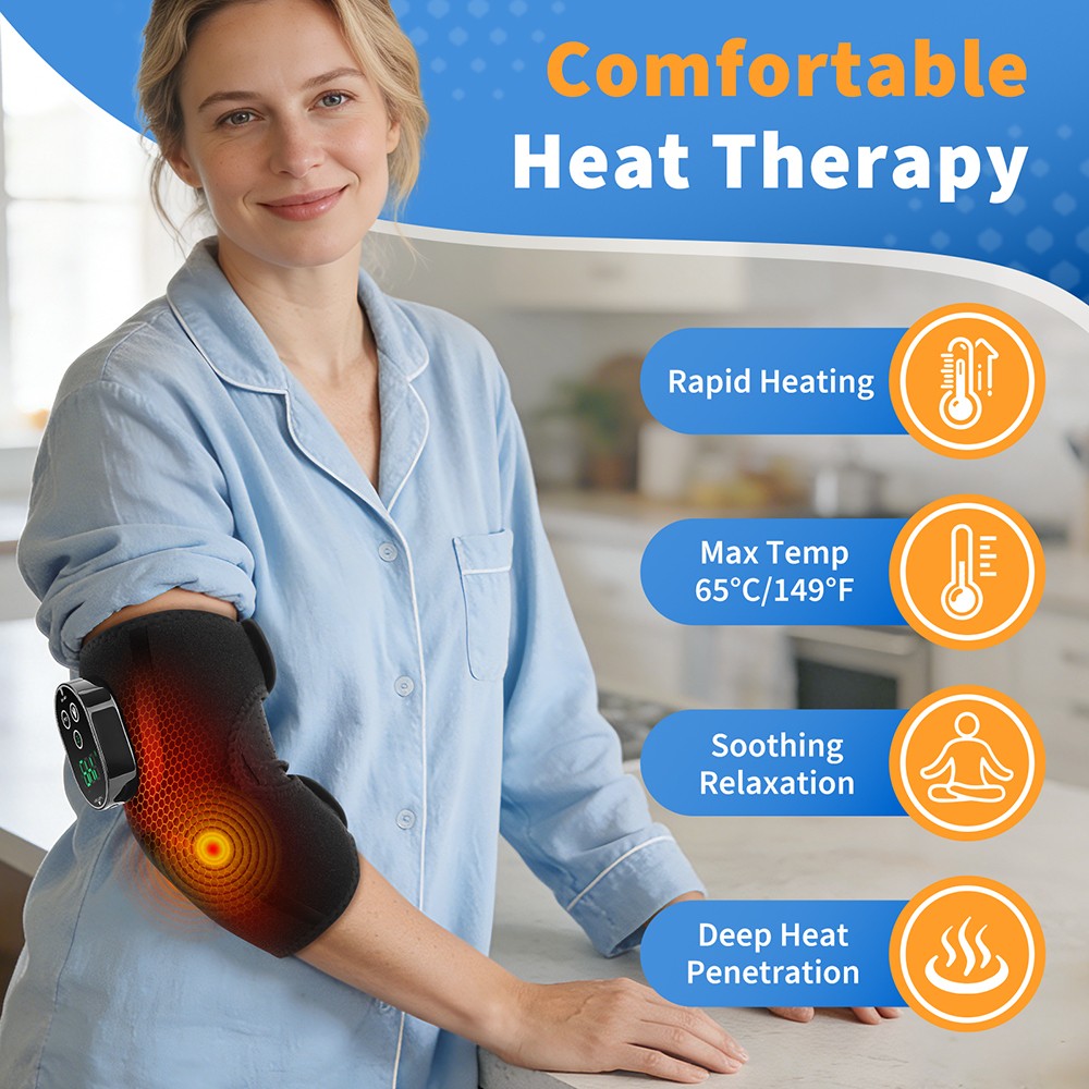 Cordless Heated Massage Elbow Brace with 3000mAh Battery – 5 Heat & 3 Vibration