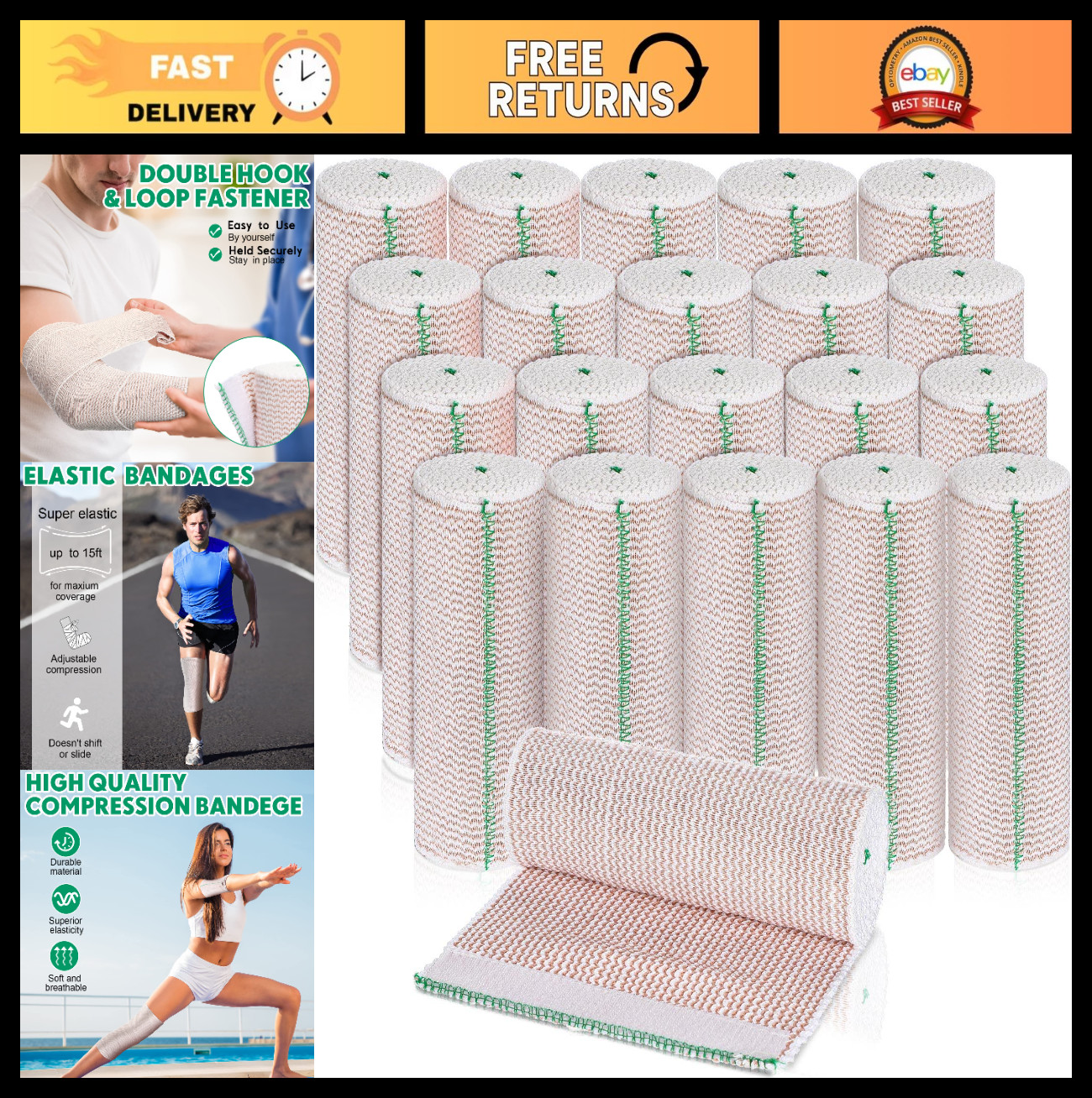 20 Pack 6″ Elastic Bandage Wraps – Self-Closure Compression for Legs, Knees, Ank