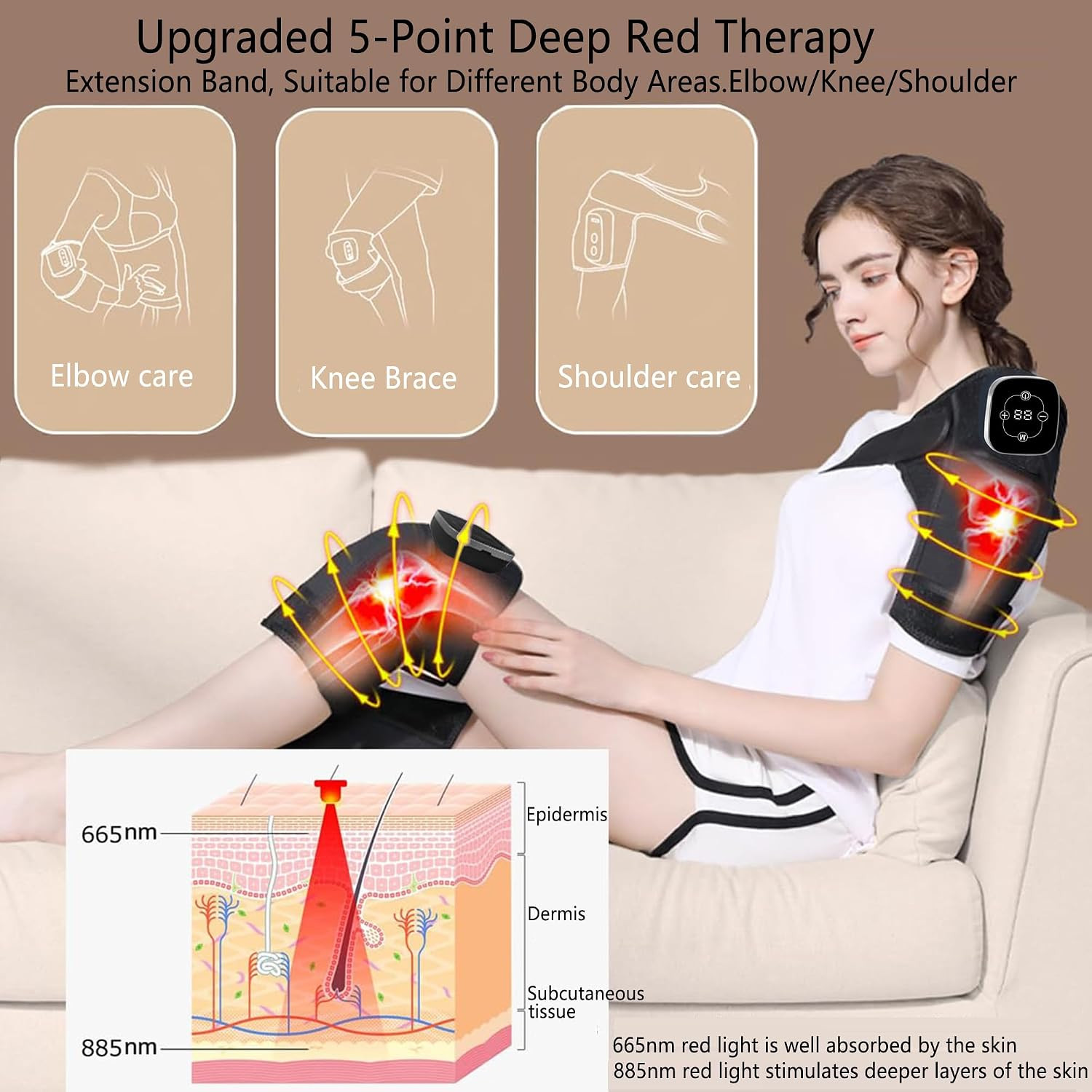 Red Light Therapy Knee Brace, Wireless Rechargeable, 665Nm & 855Nm Heating & Vib