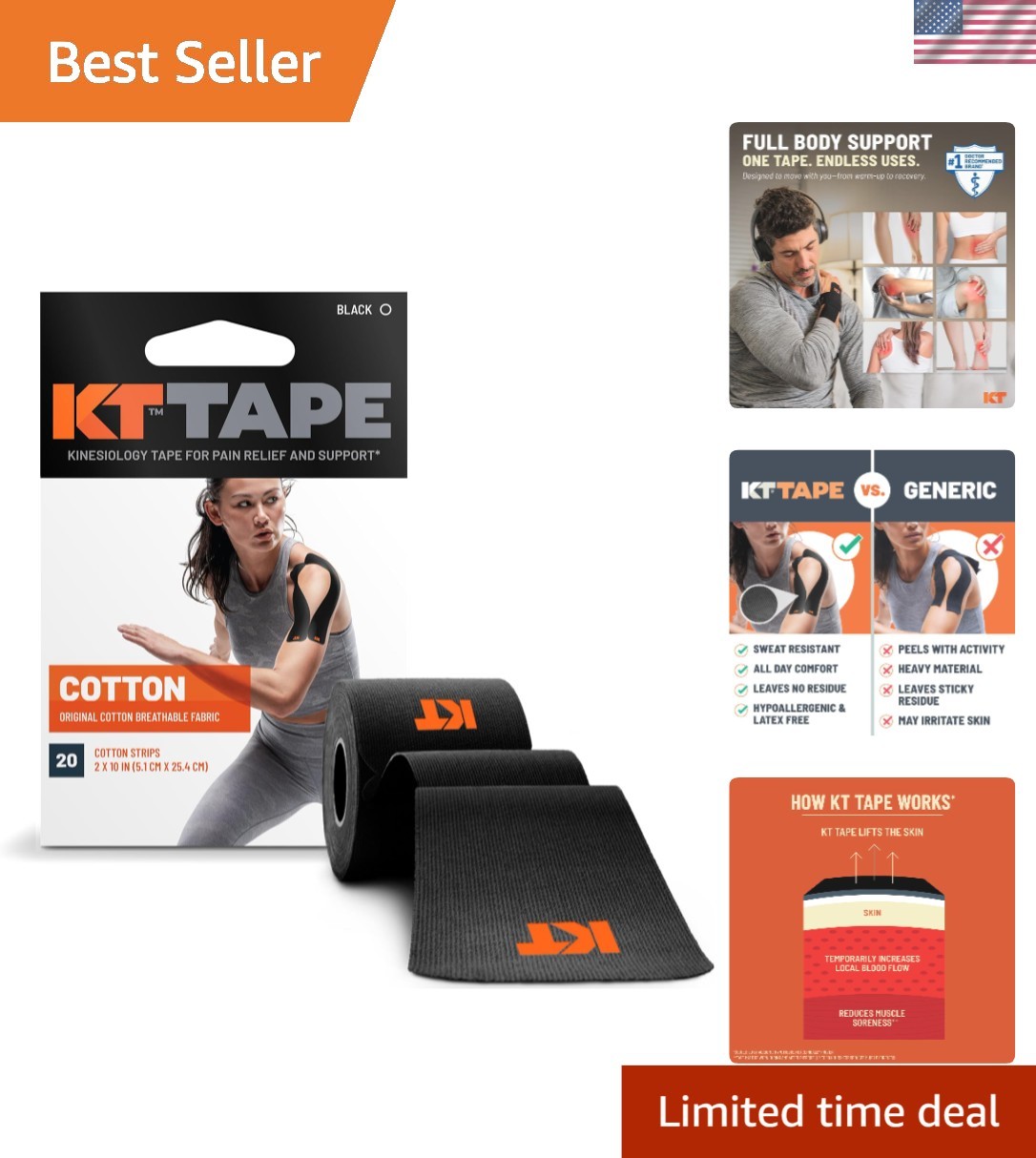 20 Pack Black Hypoallergenic Kinesiology Tape – Cotton Strips for Joint Relief