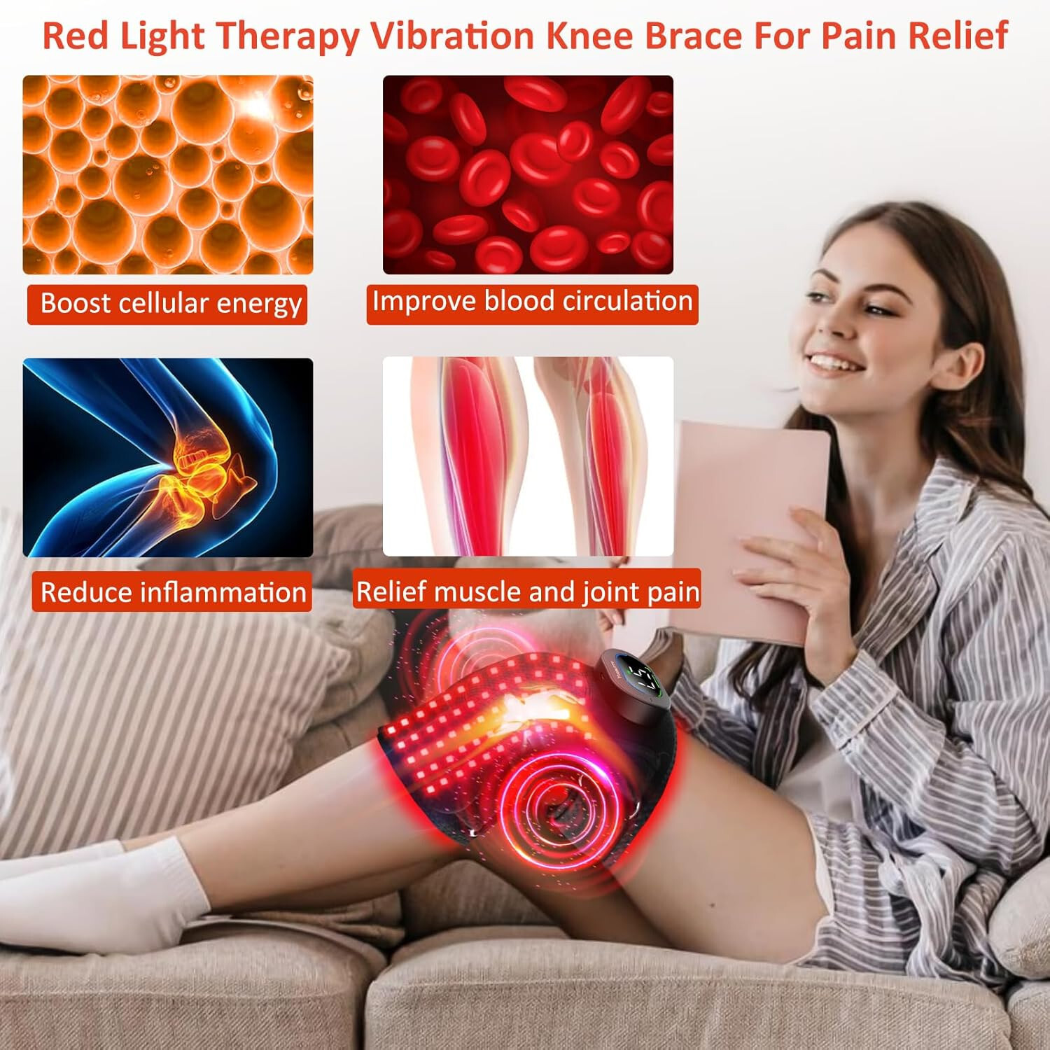 Red Light Therapy Knee Brace for Pain Relief, Vibration Knee Massager with Heat