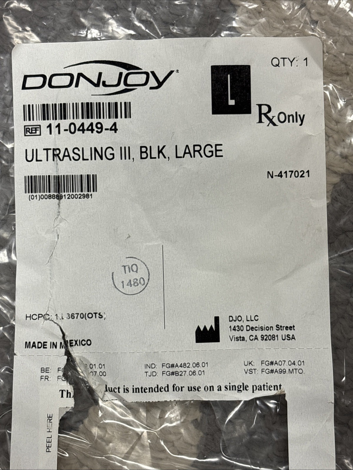 DonJoy UltraSling III Arm Sling and Pillow w/ Ball Black Adult Size Large