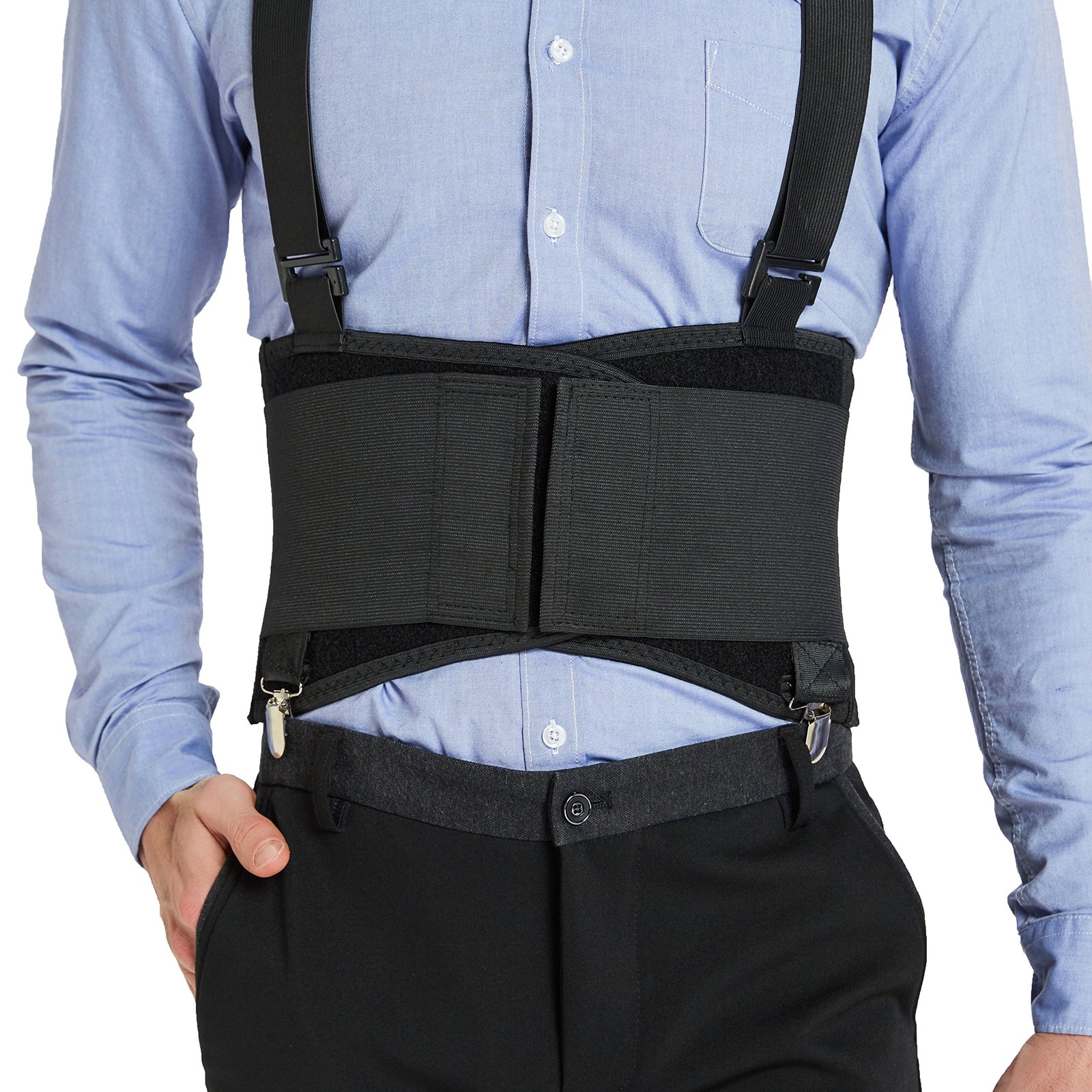 NeoTech Care Back Brace for Work with Removable Pants Clips & M, Black