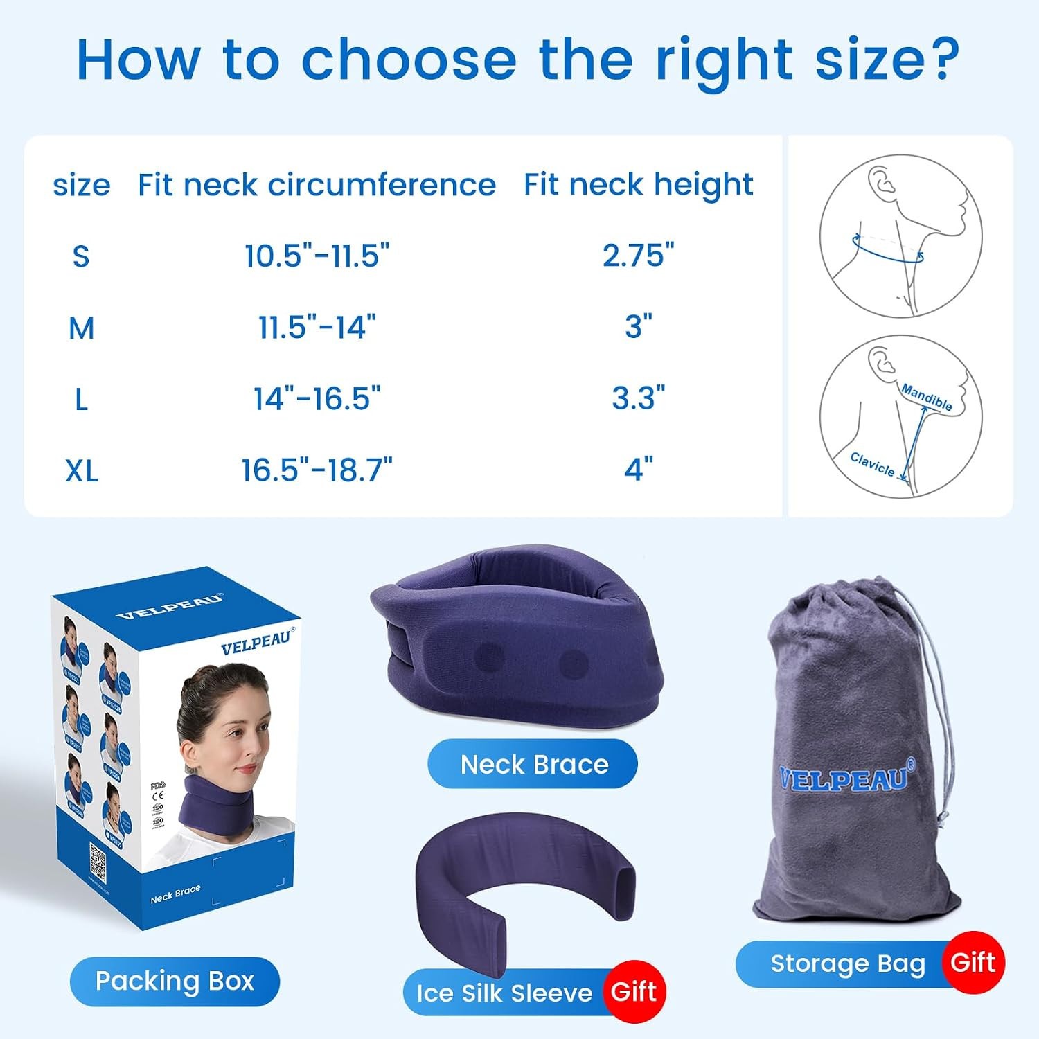 VELPEAU Neck Brace Cervical Collar Blue Medium Soft Foam Neck Support