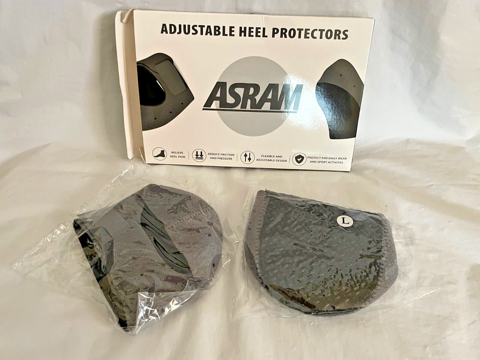 NIB ASRAM Plantar Fasciitis Pair of Adjustable Gray Heel Sleeve Protectors L