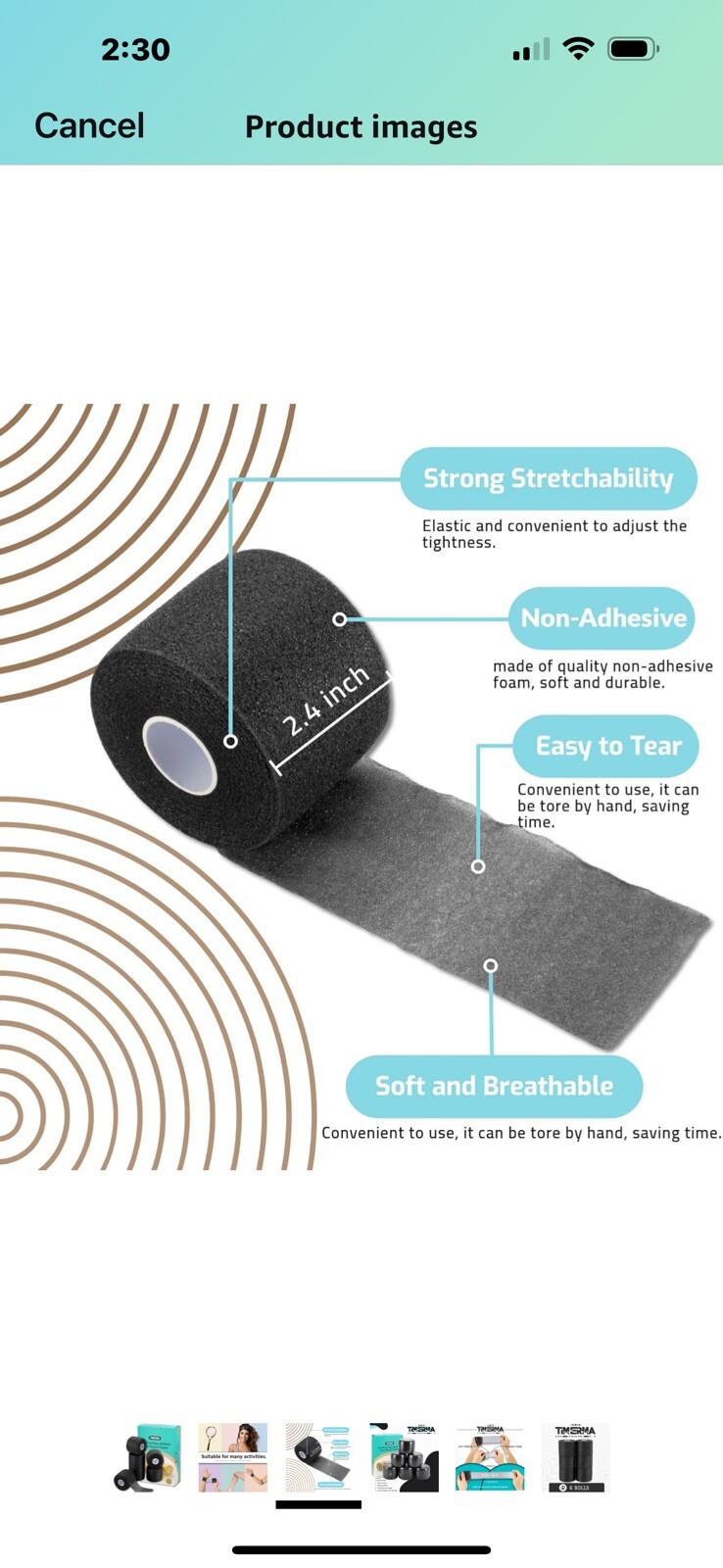 5 Pk Timerma 6 Rolls Pre Wrap Athletic, Foam sports Tape: Hair-Ankle-Wrist Black