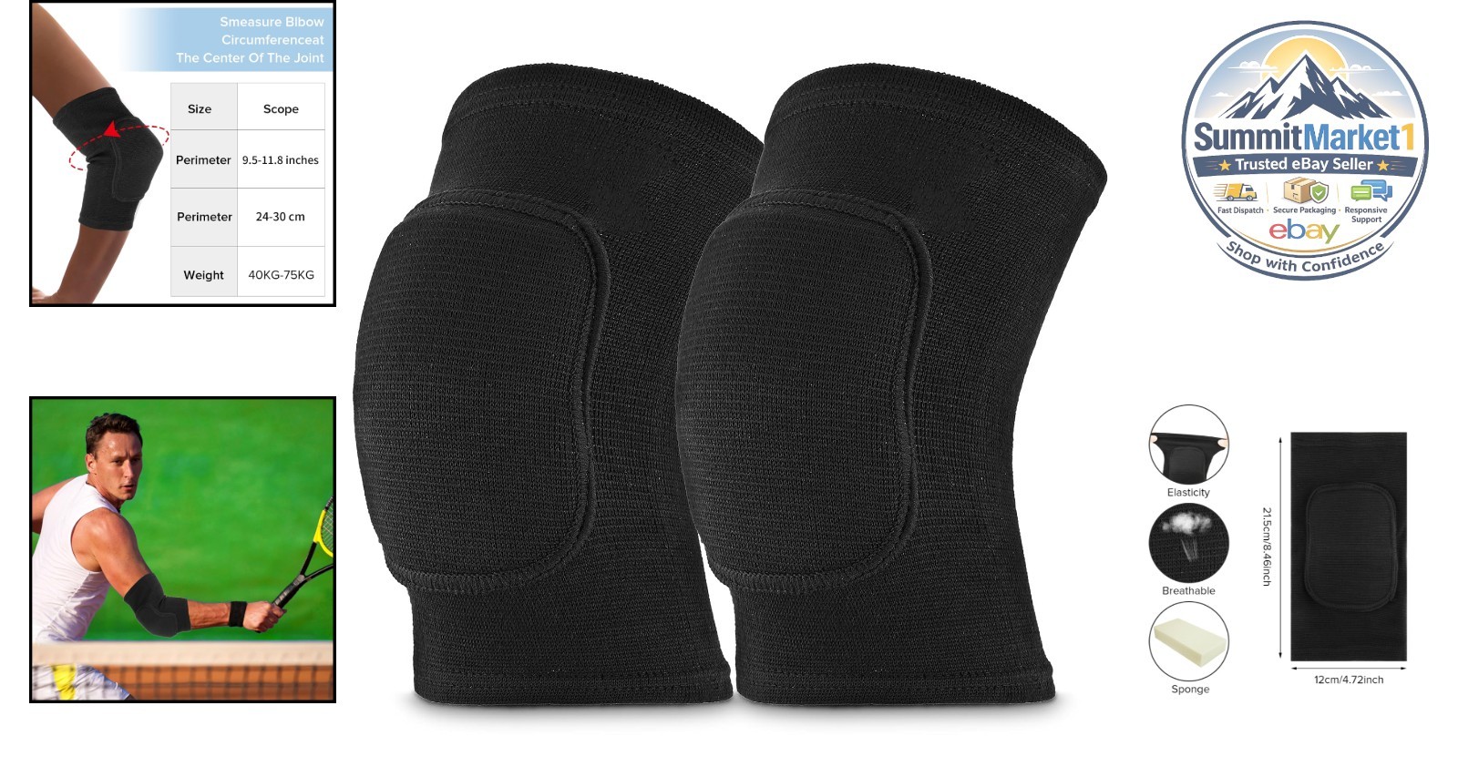 Elbow Brace Pads Pair One Size Breathable Anti-Collision Sponge Black