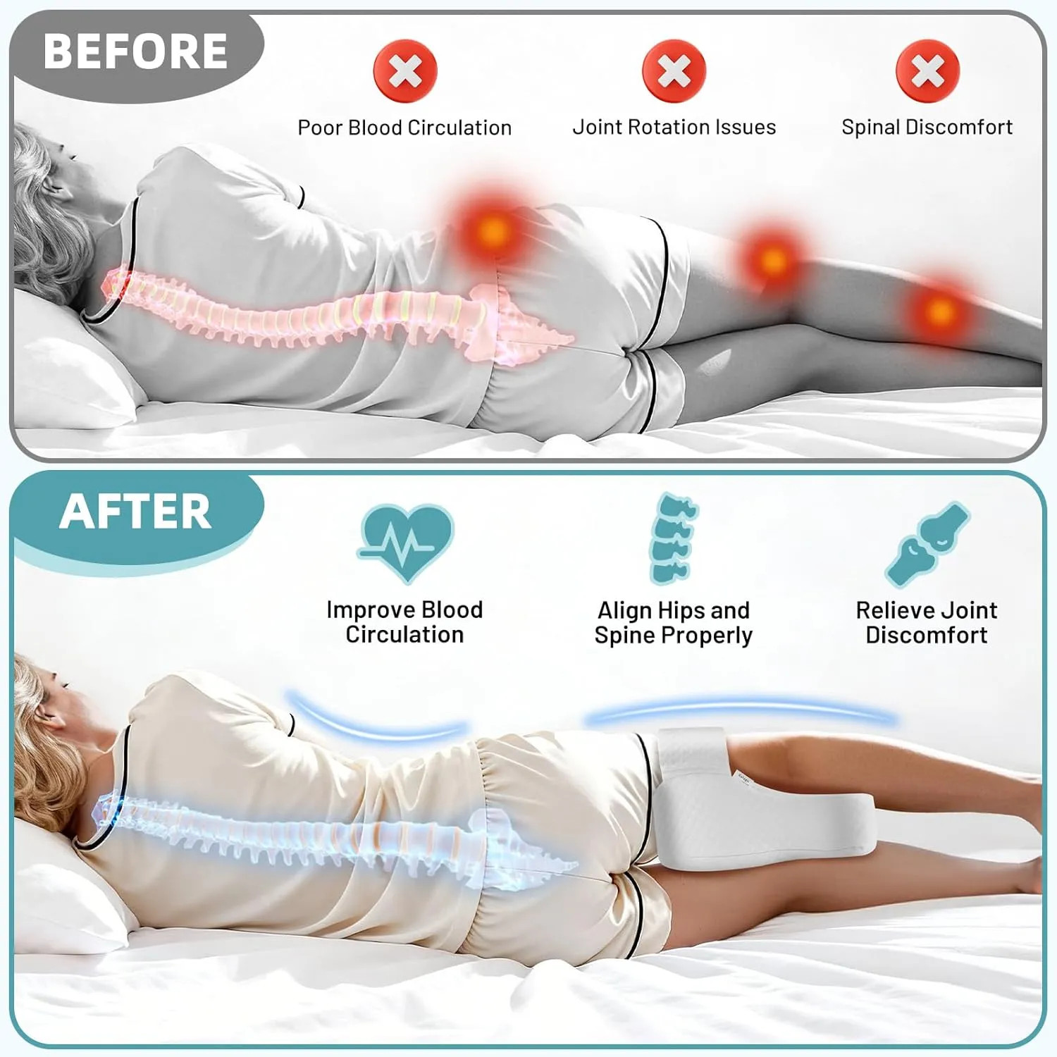 Memory Foam Knee Pillow For Side Sleepers Adjustable Strap Hip Spine Pain Relief