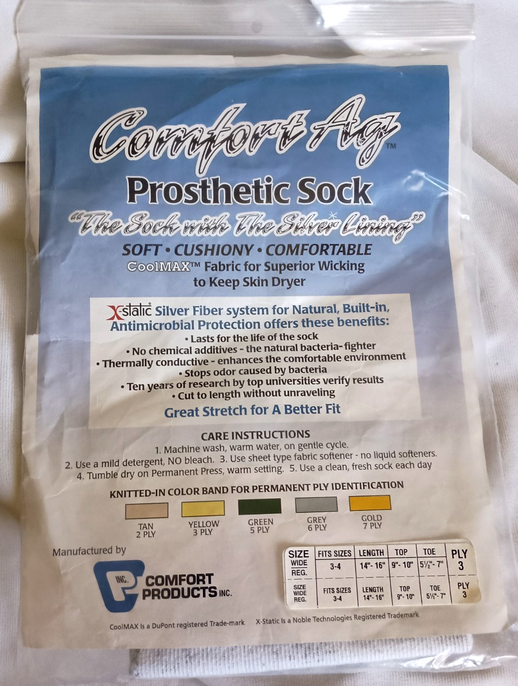 Prosthetic Sock Sz Wide Reg ComfortAg 3-4 Length 14-16 Top 9-10 Toe 5.5-7 Ply 3