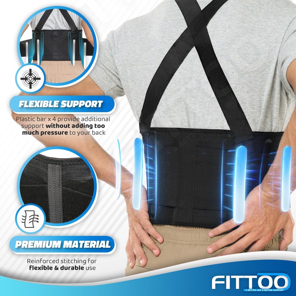 FITTOO Working Lumbar Lower Back Brace Support Belt Large (Pack of 1), Black