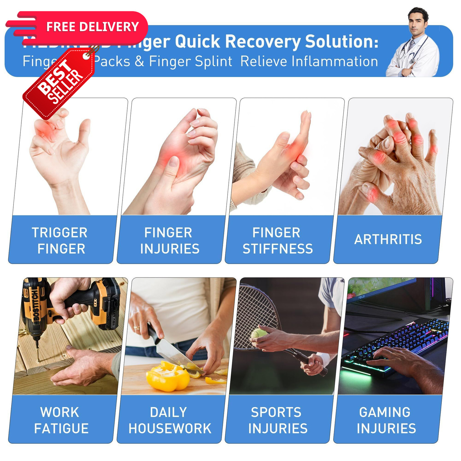 Medineed 2PCS Finger Ice Pack & Trigger One Size, Blue+Black