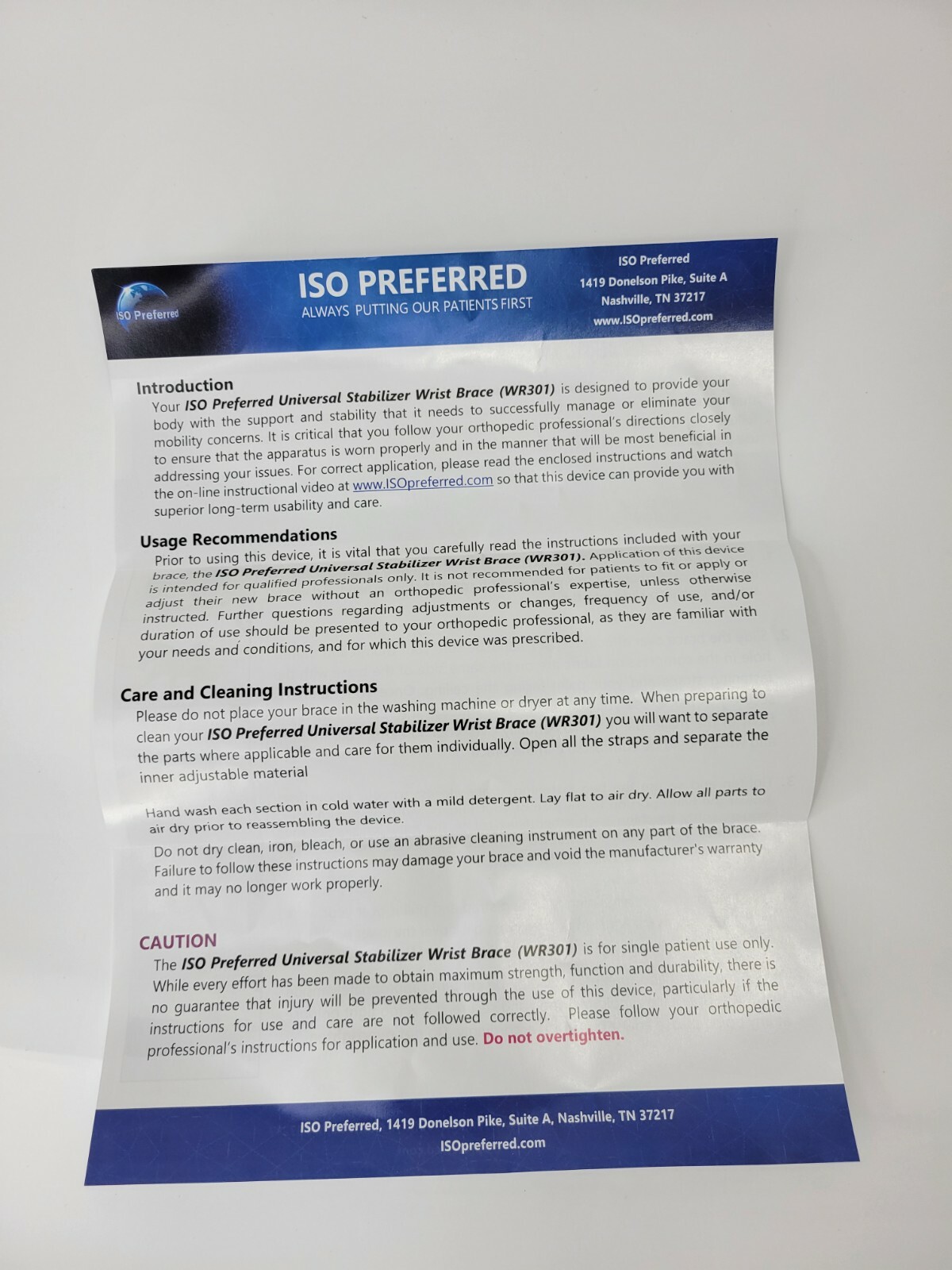 ISO Preferred Universal Stabilizer Wrist Brace WR301