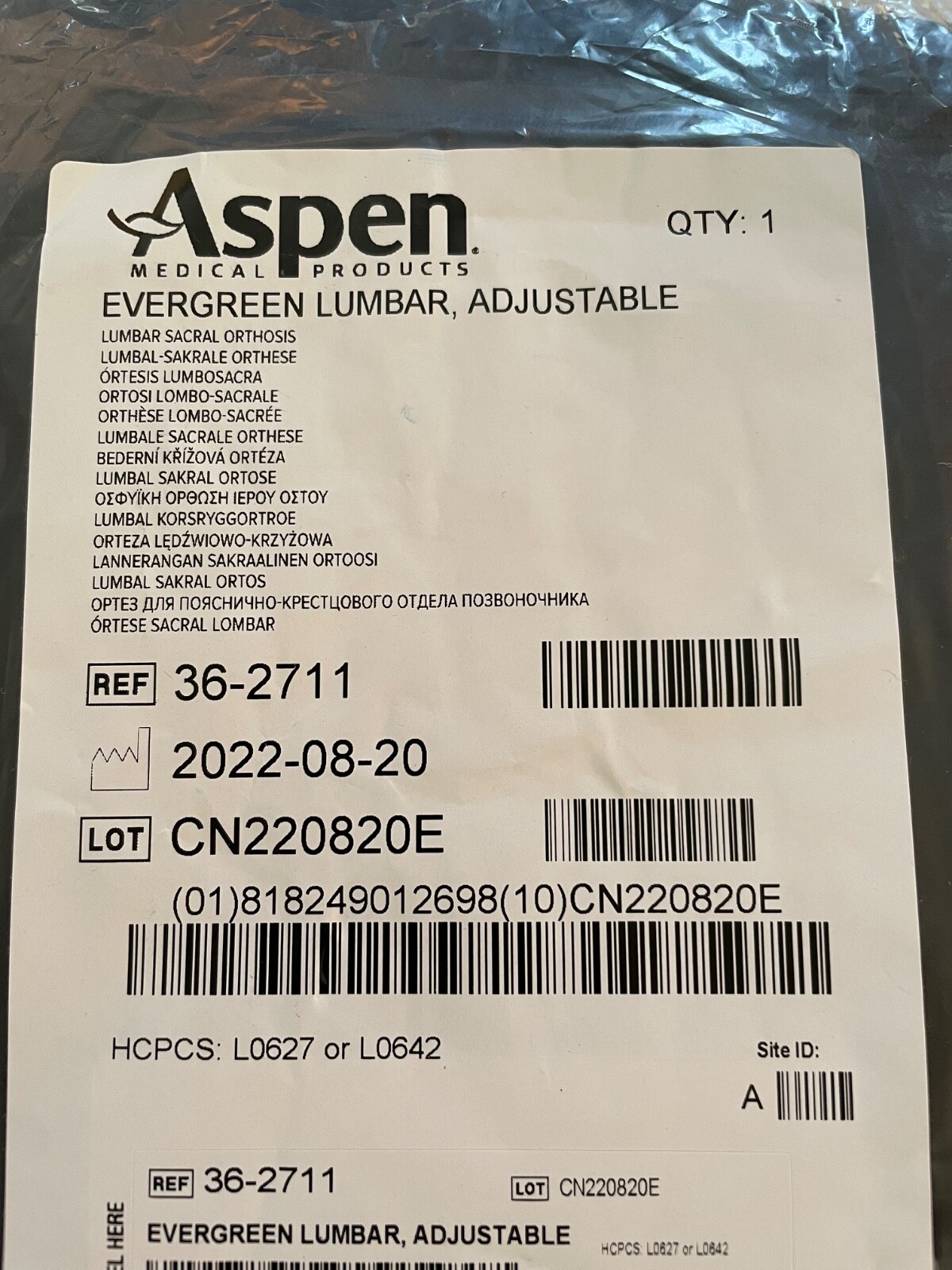 Aspen Medical Product Evergreen Lumbar Adjustable 36-2711