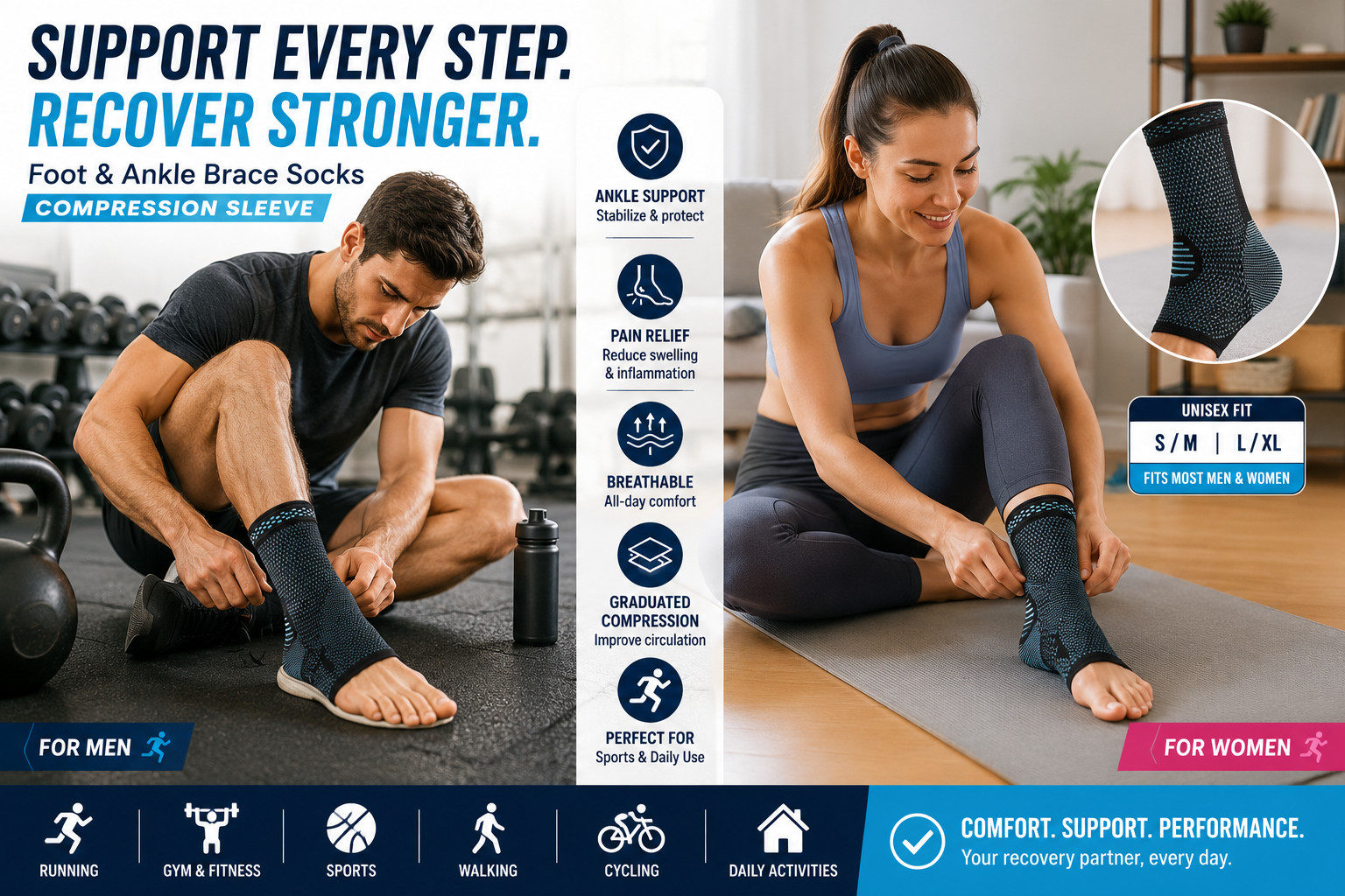 Foot & Ankle Brace Compression Socks Sleeve Support for Sprain Plantar Fasciitis