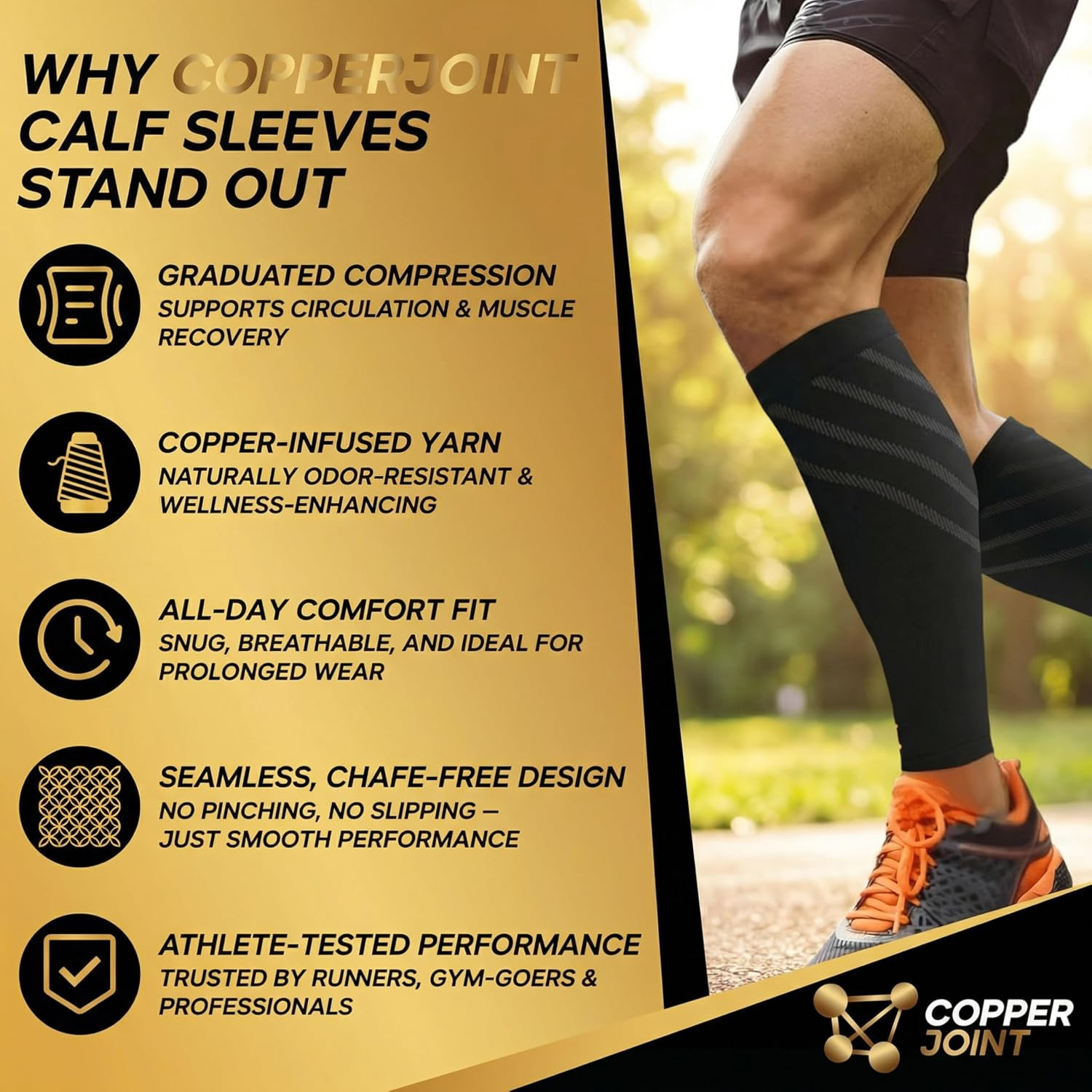 Copperjoint Calf Compression Sleeve for Men & Women Large Black-Firm Snug Fit Su