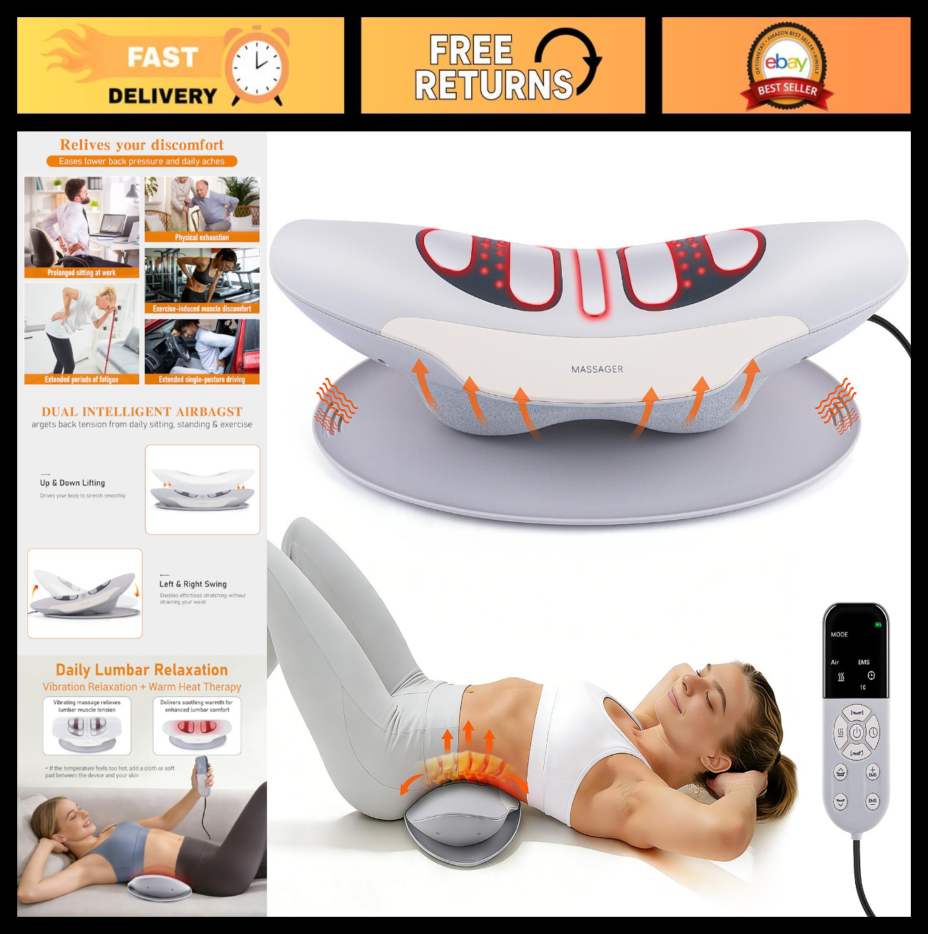Electric Lumbar Traction Device for Back Pain Relief – Cordless, 3 Modes, Thermo