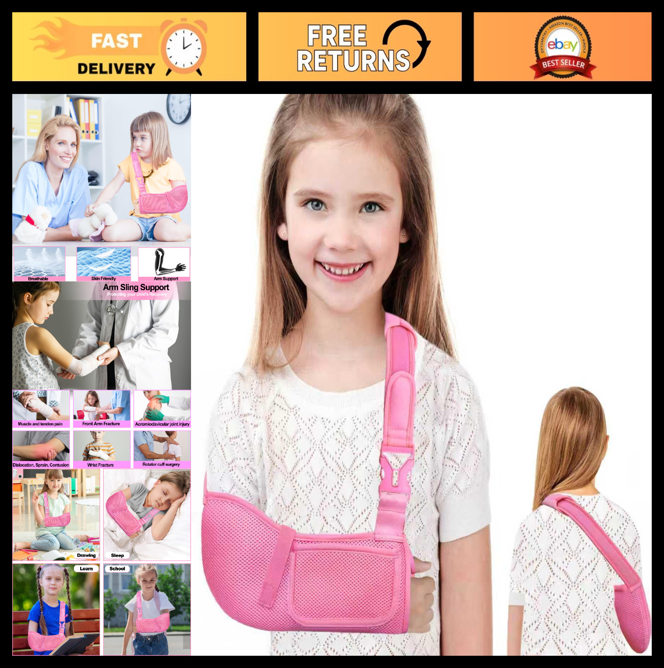 Kids Adjustable Arm Sling – Breathable Mesh Shoulder Immobilizer for Elbow & Wri