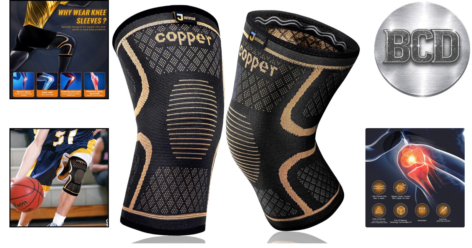 Copper Compression Knee Sleeves for Arthritis Relief – Large 2 Pack for Sports