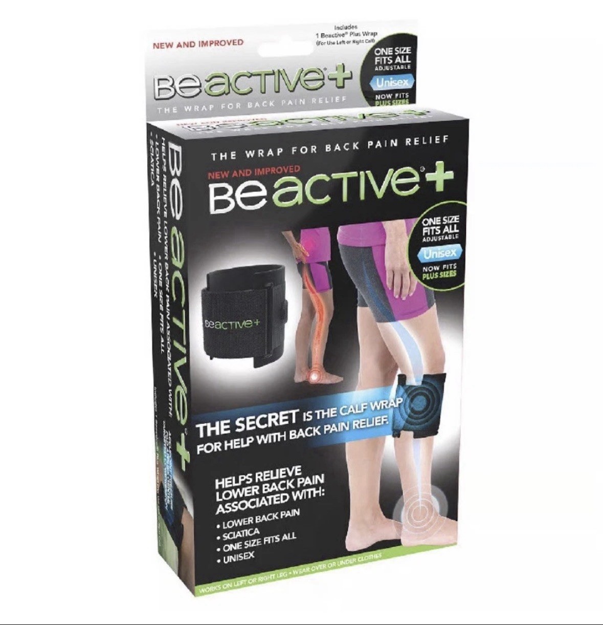 BeActive+ Adjustable Calf Wrap for Back Pain Relief, One Size, Unisex Black